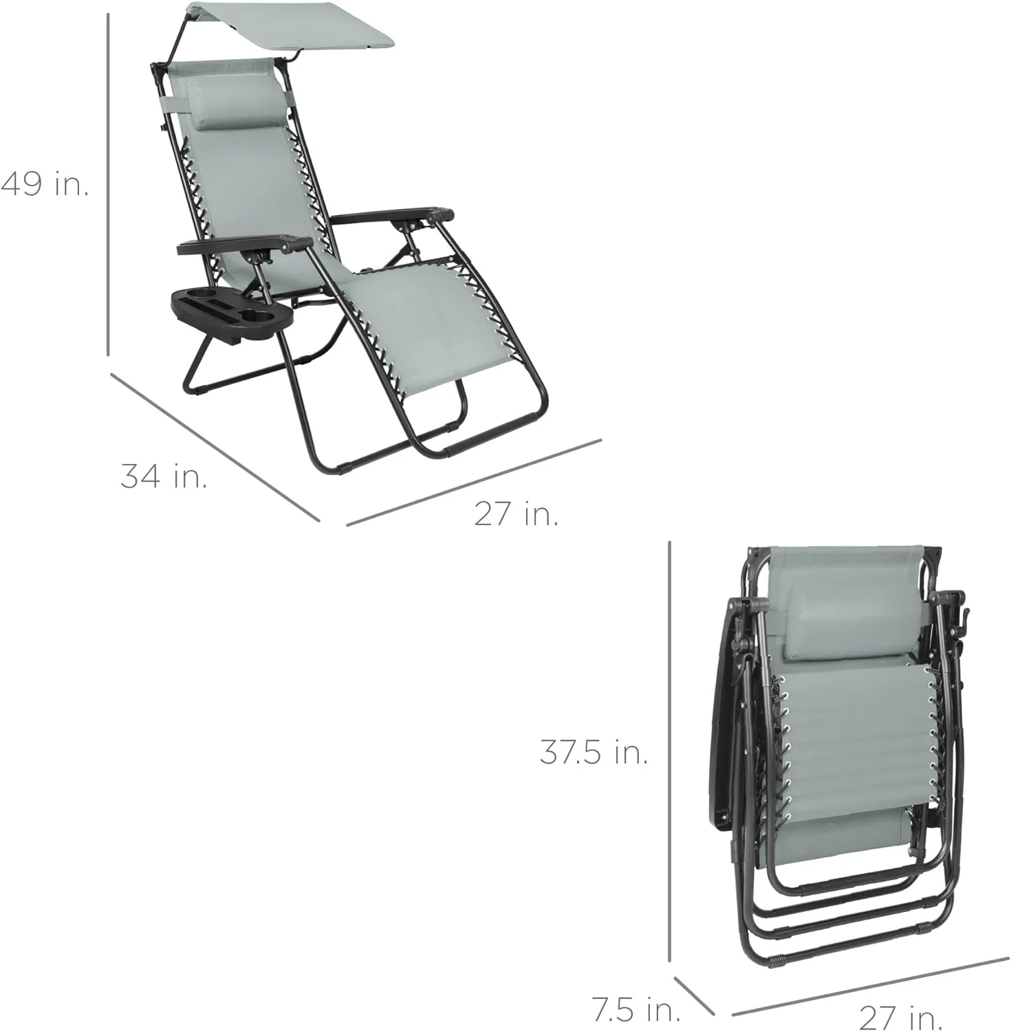 Folding Zero Gravity Outdoor Recliner Patio Lounge Chair w/Adjustable Canopy Shade, Headrest, Side Accessory Tray, Textilene Mesh - Stardew