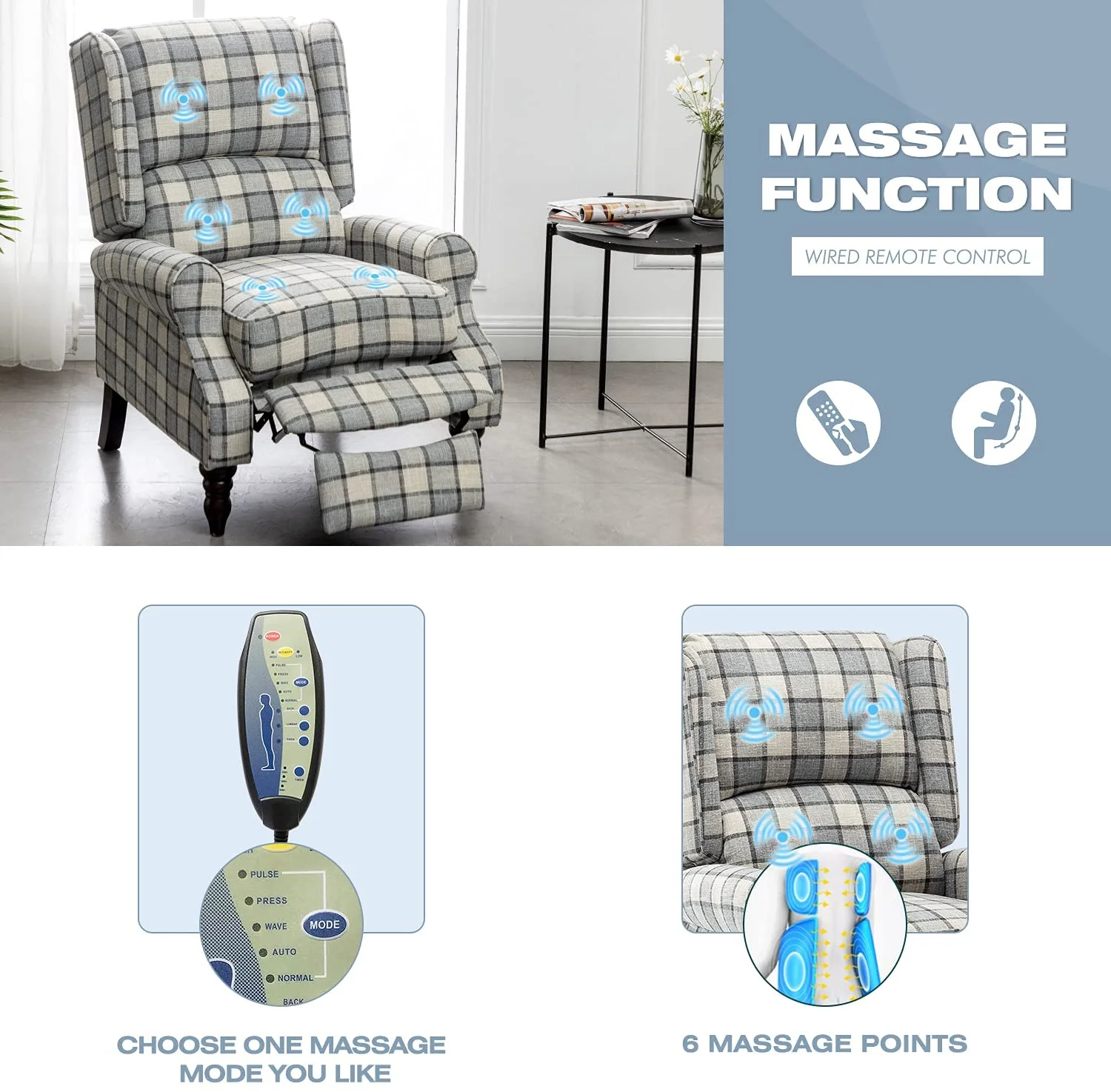 Hommow Push Back Massage Recliner Chair, Modern Upholstered Wingback Armchair for Living Room, Gray Plaid