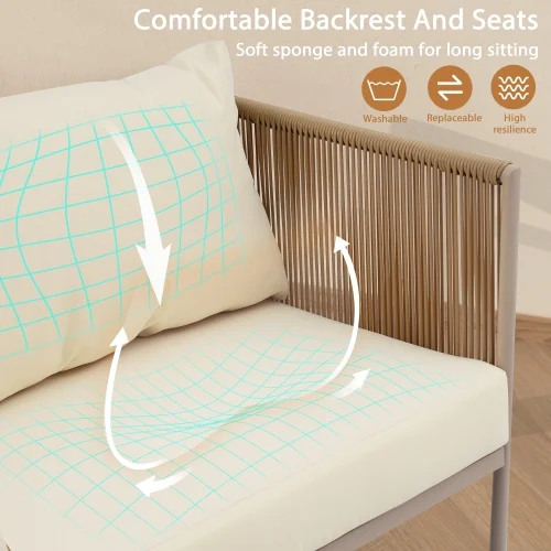 COSVII 4-Piece Rope Sofa Set with Thick Cushions and Toughened Glass Table, All-Weather Patio Furniture Set With Loveseat, Beige