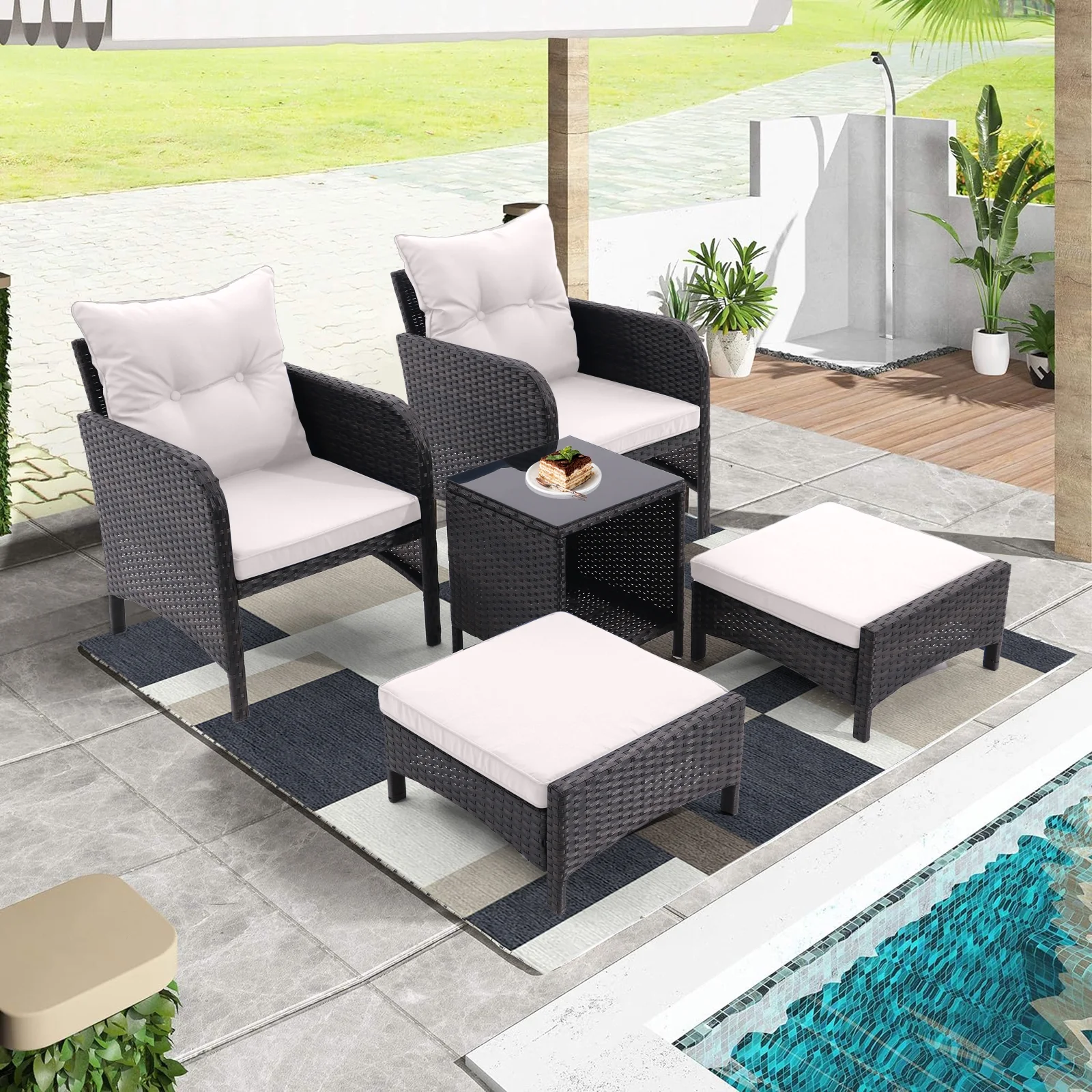 CoSoTower 5 Piece Outdoor Patio Furniture Set,All Weather PE Rattan Conversation Chairs with Armrest and Removable Cushions,Ottomans and Storage Coffee Table for Poolside Garden Balcony Deck(Beige)