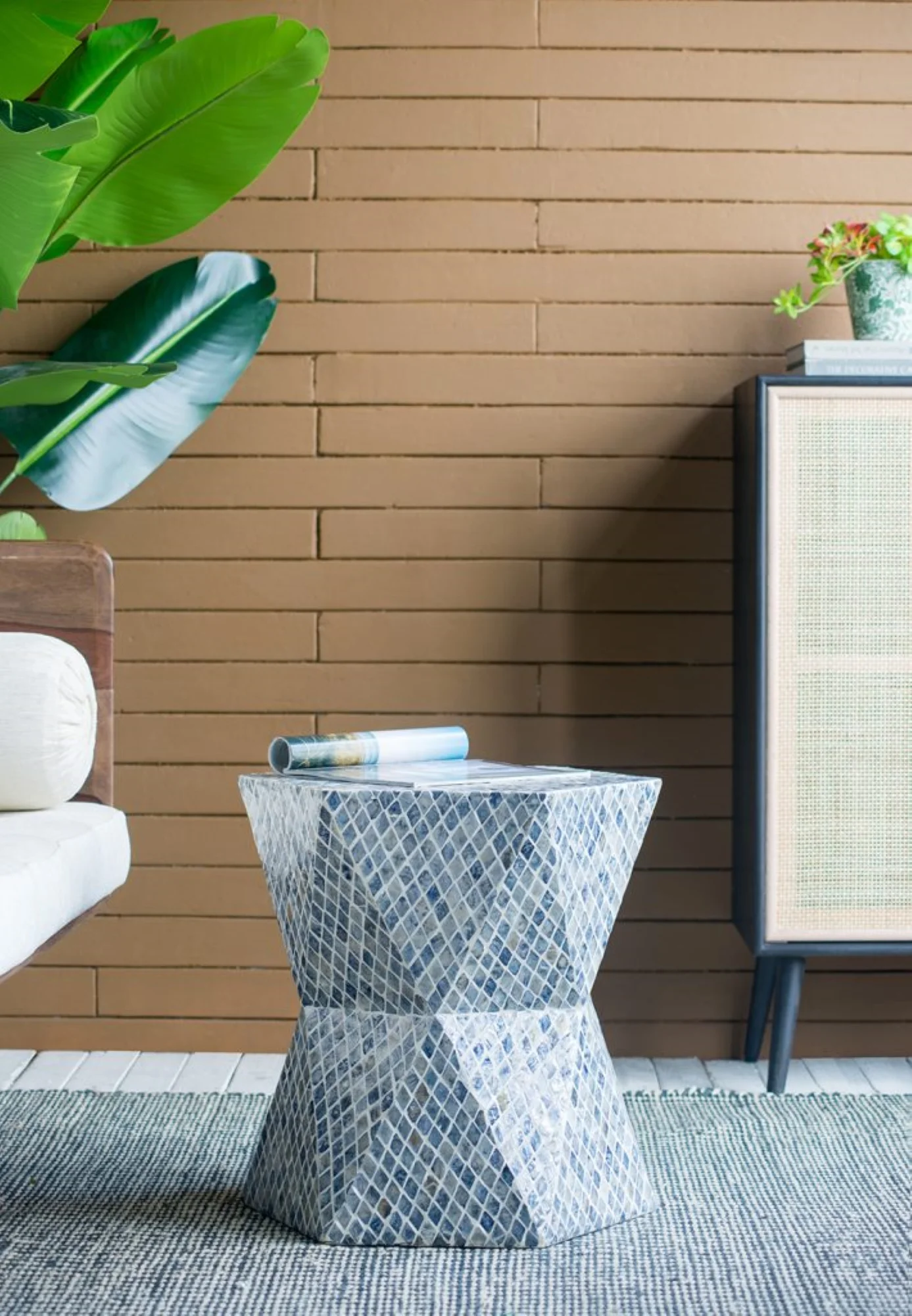 CC Home Furnishings Geometric Capiz Shell Inlay Accent Stool - 19.75