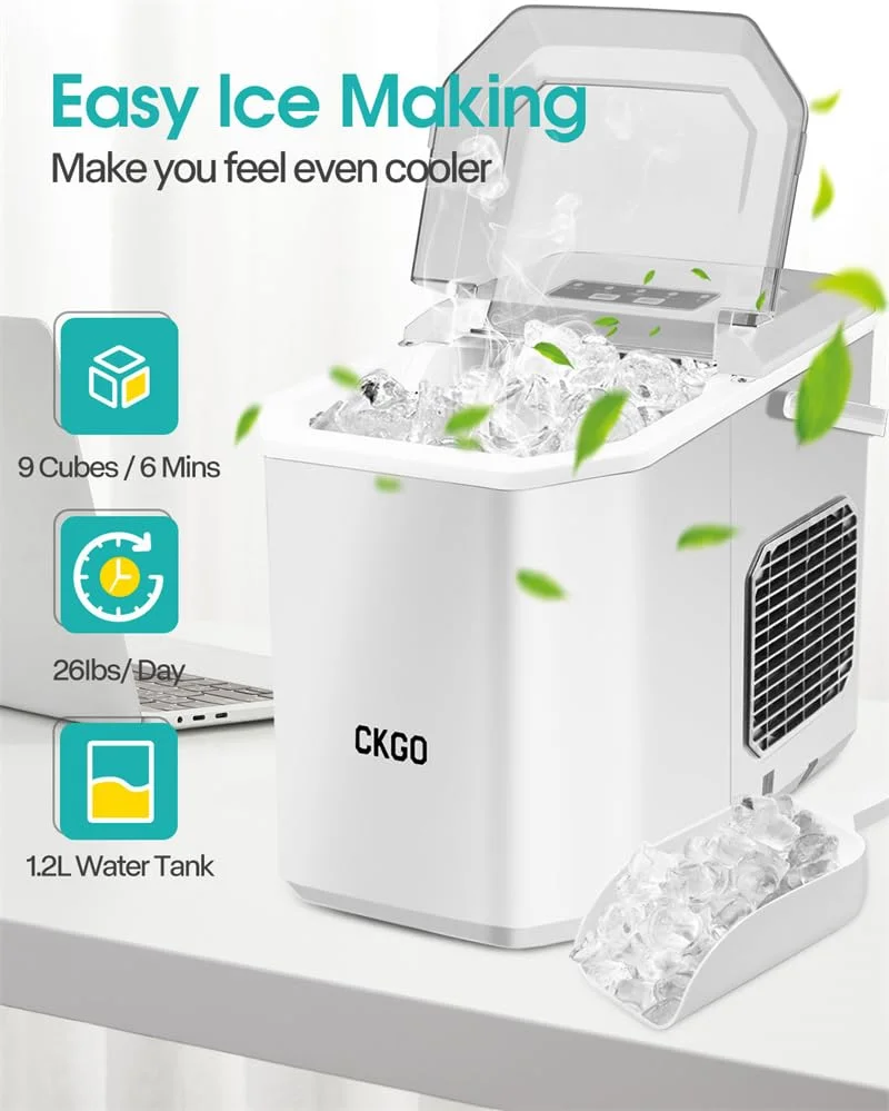 Ice Maker Countertop, Portable Bullet Ice Machine with Self-Cleaning, 26.5lbs/24Hrs, 9 Cubes in 6 Mins, Ice Basket and Scoop, Ideal for Home, Kitchen, Bar, Camping