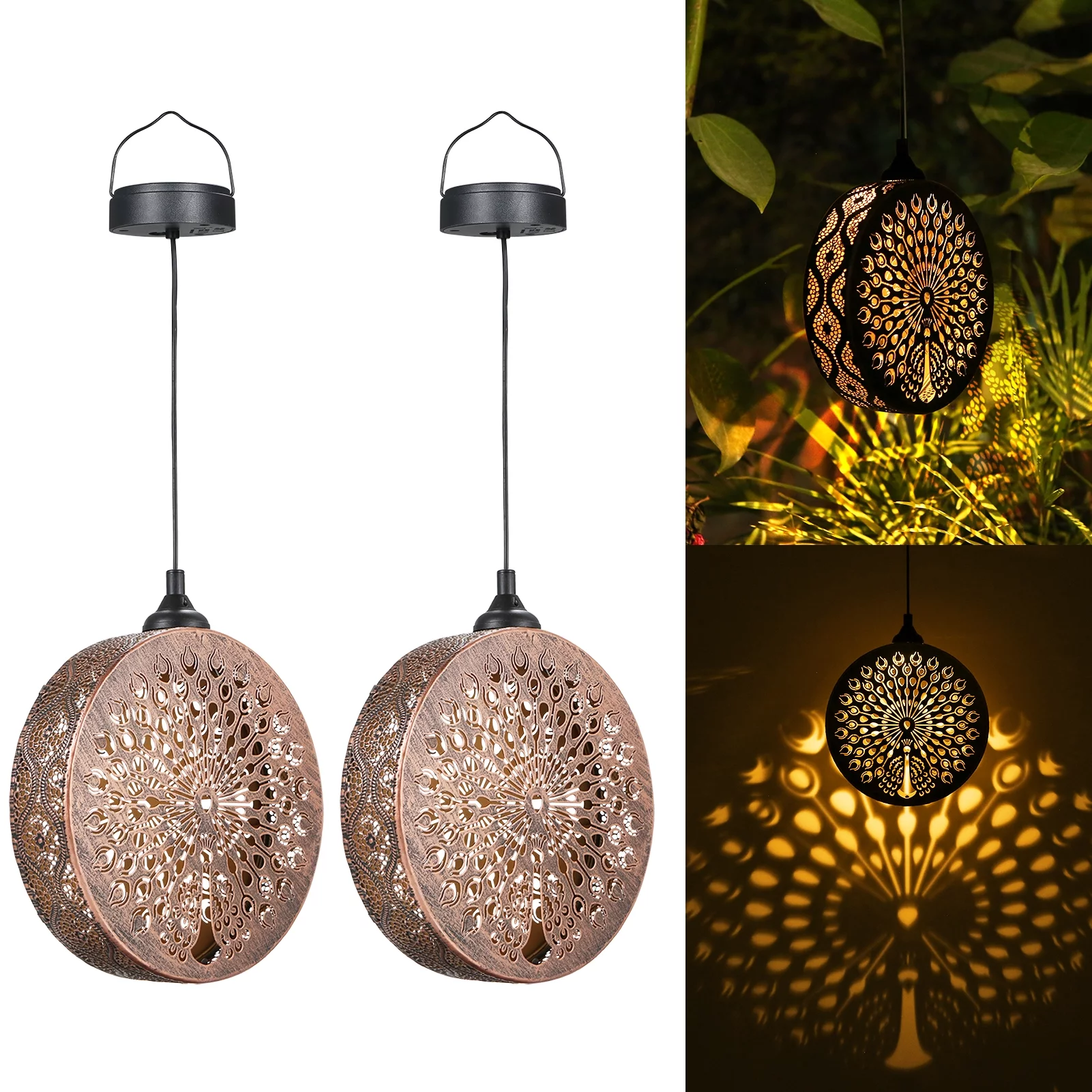 Neoglint 2PCS DC2V 0.04W Solar Powered Energy LEDs Light Lantern Pendant Outdoor Lamp Peacock Shape Design Sensitive Light Inductor Control IPX4 Water Resistance Built-in 600mAh High Capacit