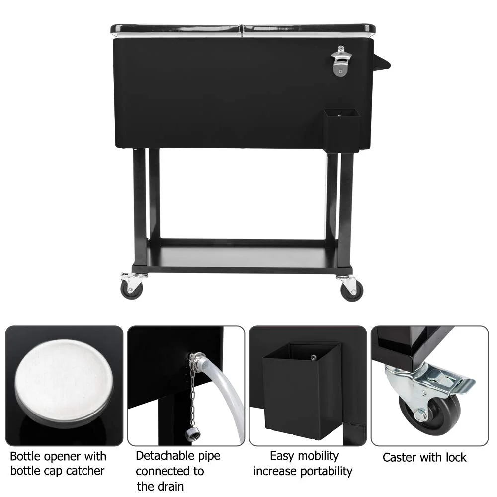 BNSPLY 80 Quart Outdoor Cooler Cart Rolling Ice Chest Cooler Cart, Portable Patio Cooler with Bottle Opener, Handles and Drainage, Standing Cooler for Patio Party, Camping and BBQ, Black
