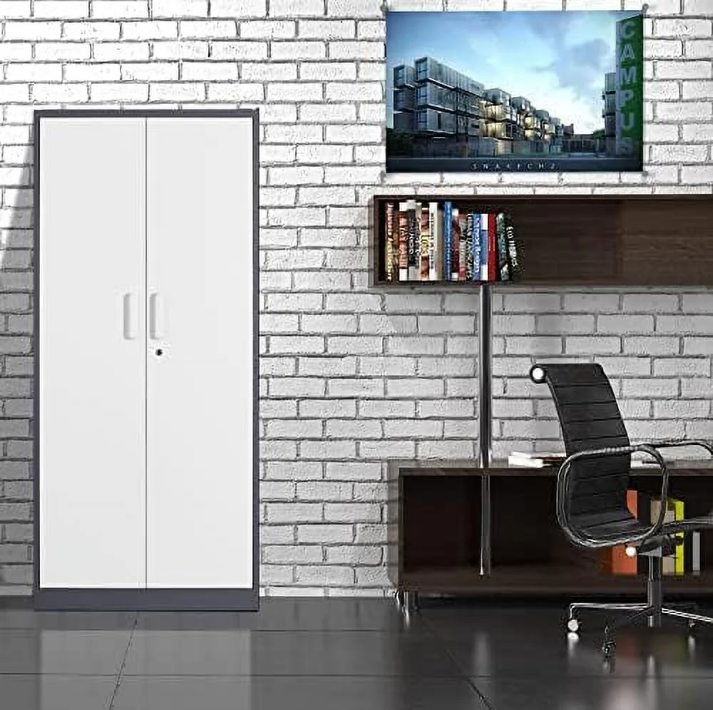 NTTBOBOEC Metal Garage  Cabinet  71'' Locking  Cabinet with 2 Doors and 4 Adjustable Shelves  Lockable Metal Cabinet for Office Home Garage Gym School（Gray White） (SC-GW0715)