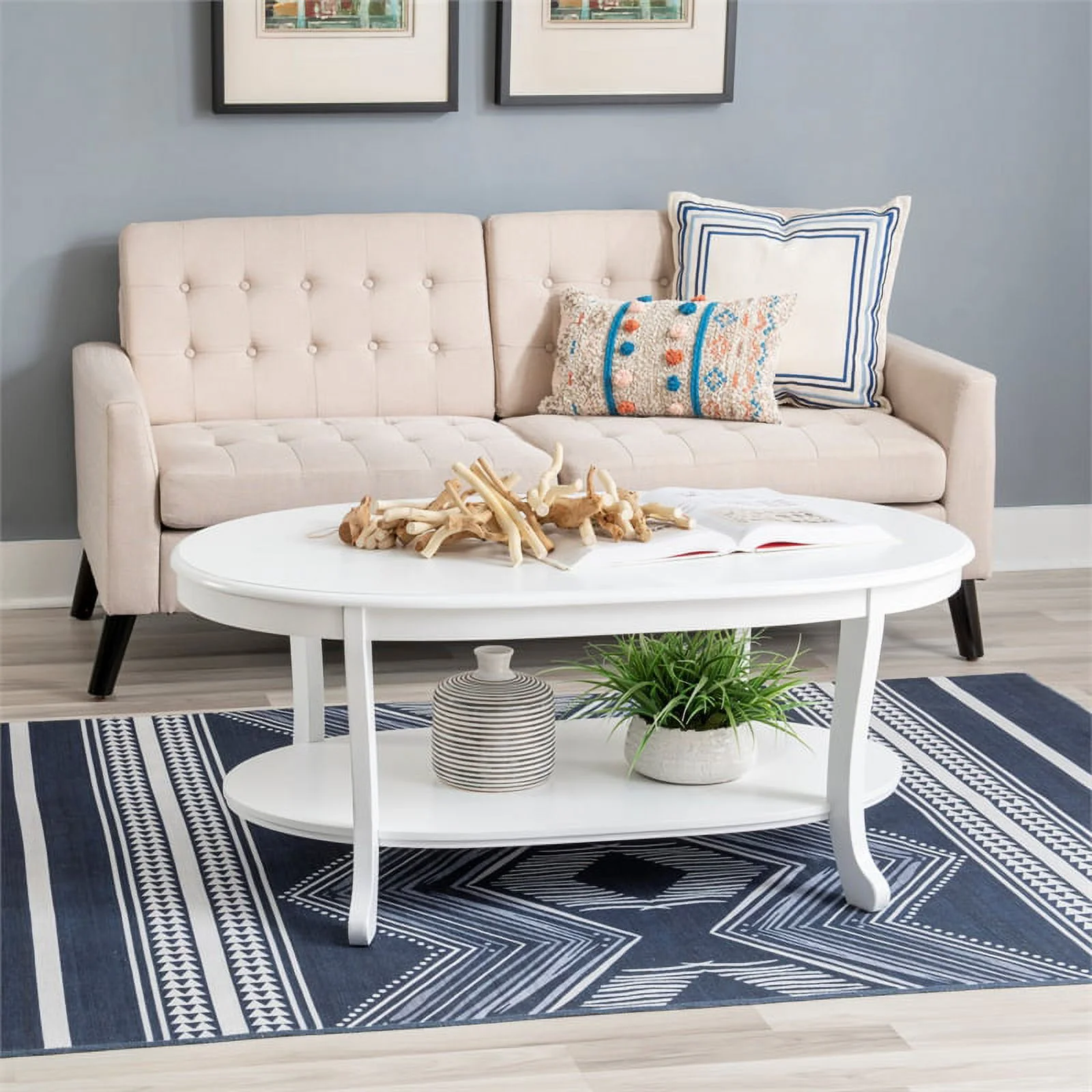 Linon Merce Wood Oval Coffee Table with Shelf in White Painted Finish