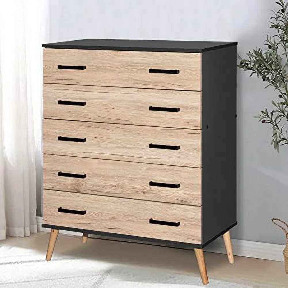 xrboomlife Eli Mid-Century Modern 5 Drawer Chest in White & Natural Oak