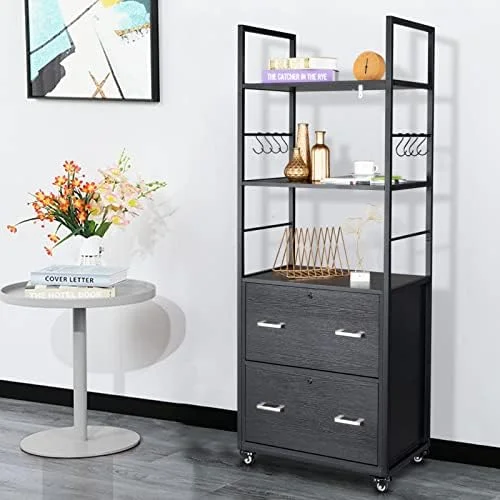 HBBOOMLIFE 2 Drawer File Cabinet with Lock for Hanging Letter/Legal Size Folders Labeled  Rolling File Cabinets for Home Office  Wood Rustic Brown Lateral Filing Cabinet with Shelves and