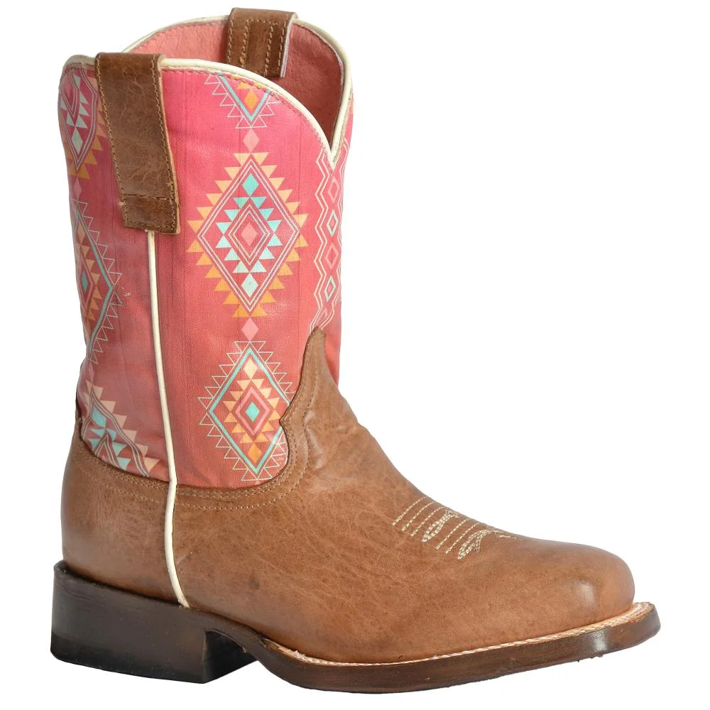 Roper Boys 09-119-9991-0141   Dakota  Leather Vamp and Printed Coral and Aztec Shaft Boot 5 Tan