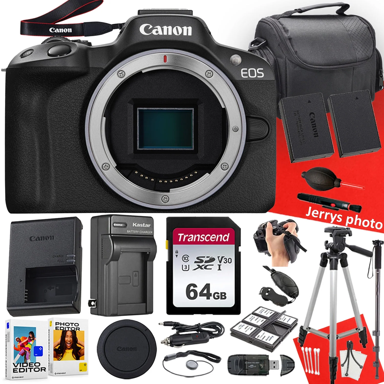 Canon EOS R50 Mirrorless Camera (Body Only) + 64 GB Memory + Tripod + Monopod + Extra Battery + More (19pc Bundle)