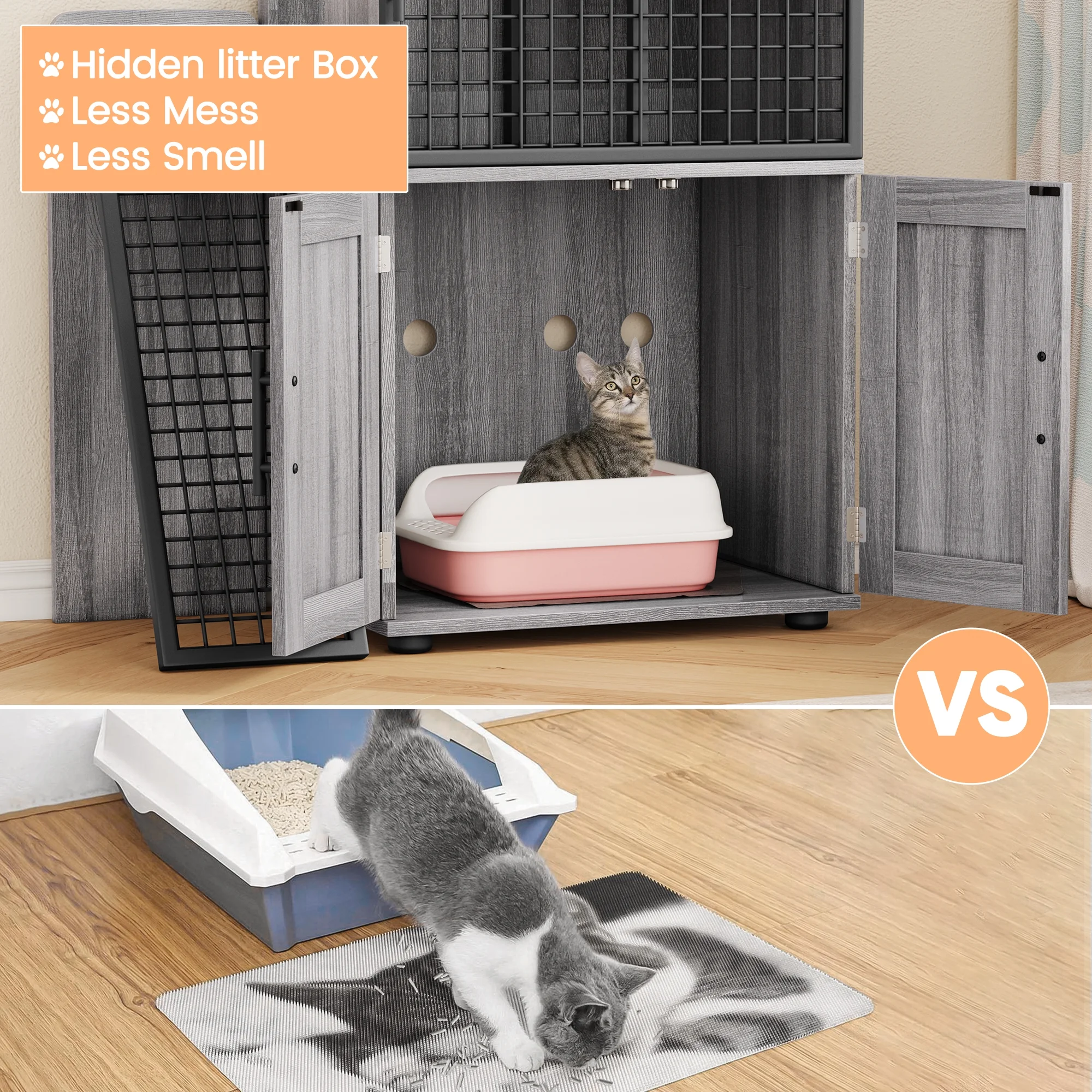 Towallmark 2 In 1 Hidden Litter Box Enclosure Furniture, 2 Storage Racks And 2 Drawers, Litter Box With Platform, Ladder, Indoor Cat Washroom, Rustic Grey