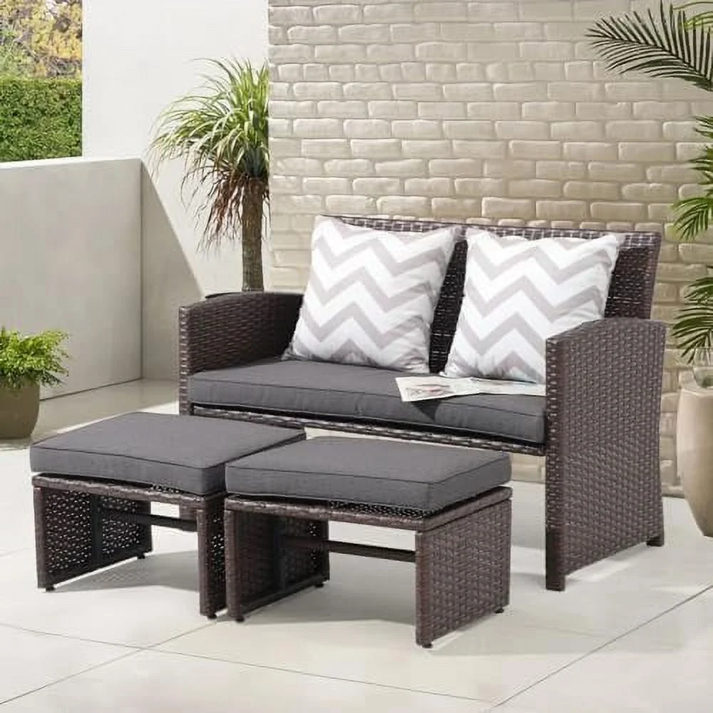 ZWNLKQG Outdoor Loveseat 3 Piece Patio  Set Outdoor Conversation Set All-Weather Wicker Love Seat with Ottoman/  Brown Rattan  Blue