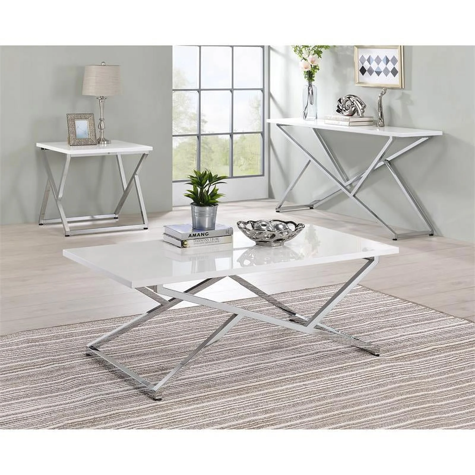 Furniture of America Mergo Wood Rectangular Console Table in Chrome and White