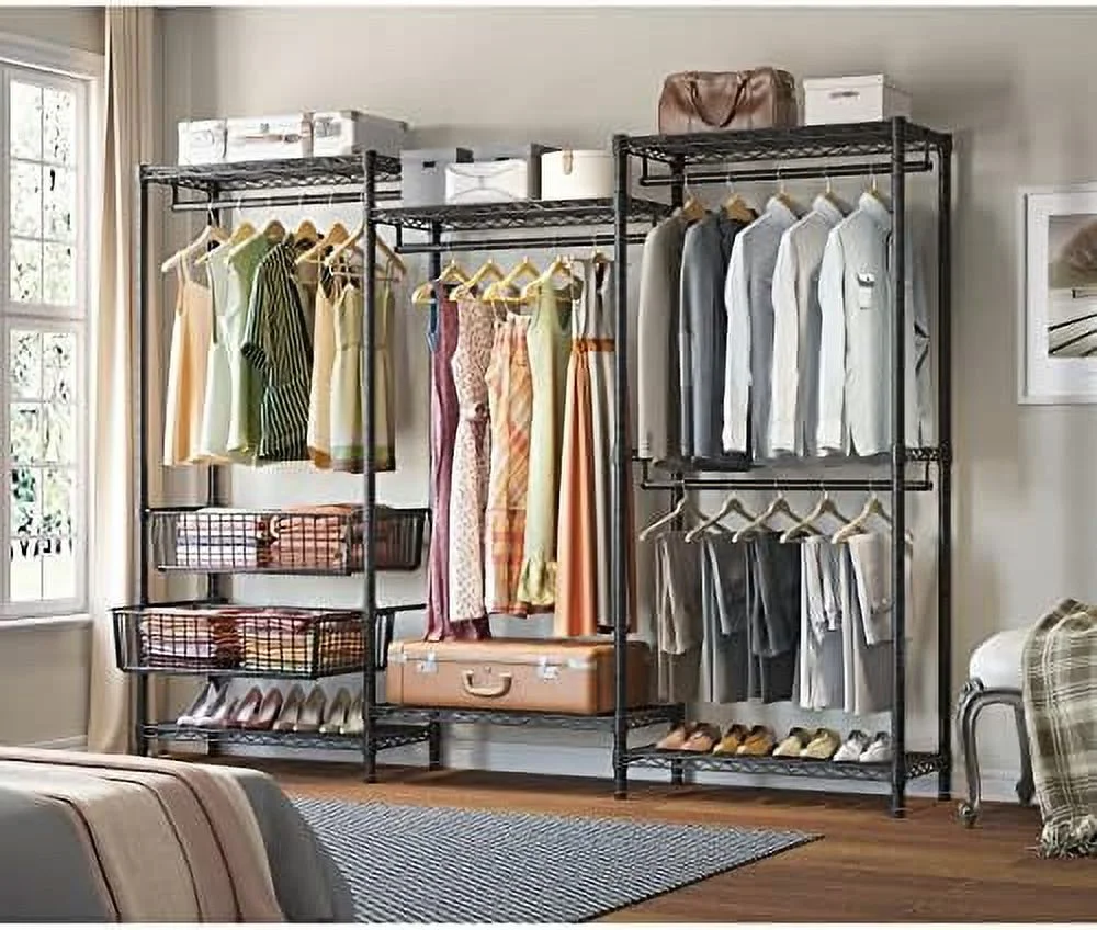 HBBOOMLIFE V10 Wire Garment Rack 5-Tiers Heavy Duty Clothes Rack Large Size Clothing Rack with 4 Hanging Rods  6 Wire Shelves and 2 Slid Baskets  85.8" W x 15.7" D x 76.4" H