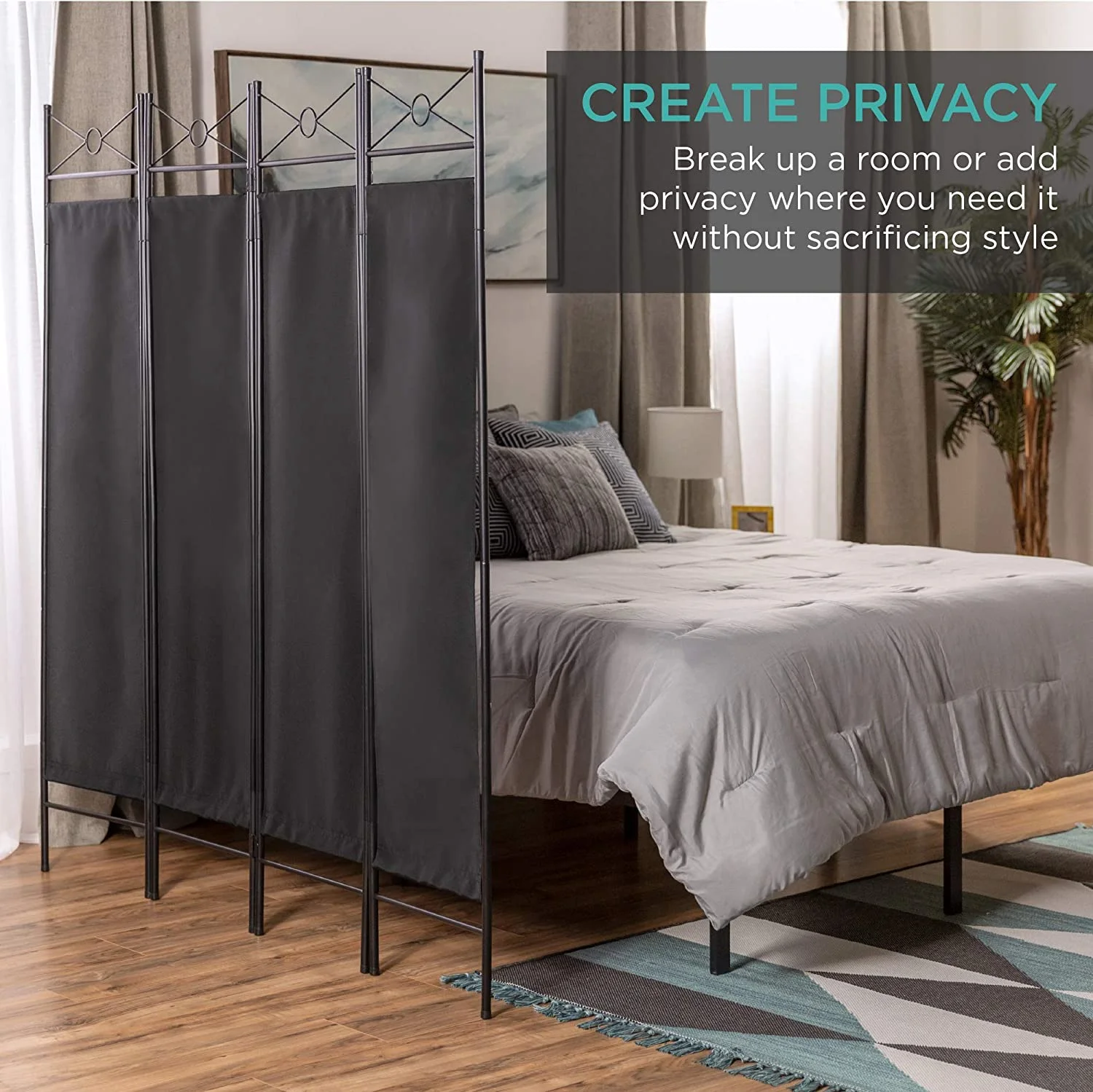 6ft 4-Panel Folding Privacy Screen Room Divider Multipurpose Decoration Accent for Bedroom, Bathroom, Office, Salon, Shade w/Steel Frame, Lightweight Design - Black
