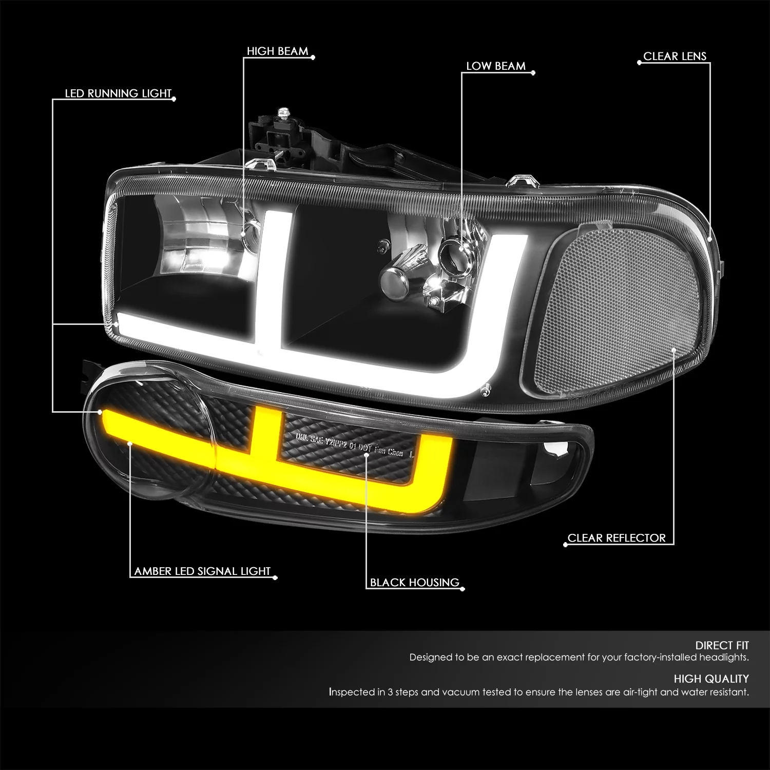DNA Motoring HL-LB4-DAN99-BK-CL1 Black Clear F-LED DRL Headlight Bumper Lamps for 2001-2007 GMC Sierra Yukon 1500 Denali