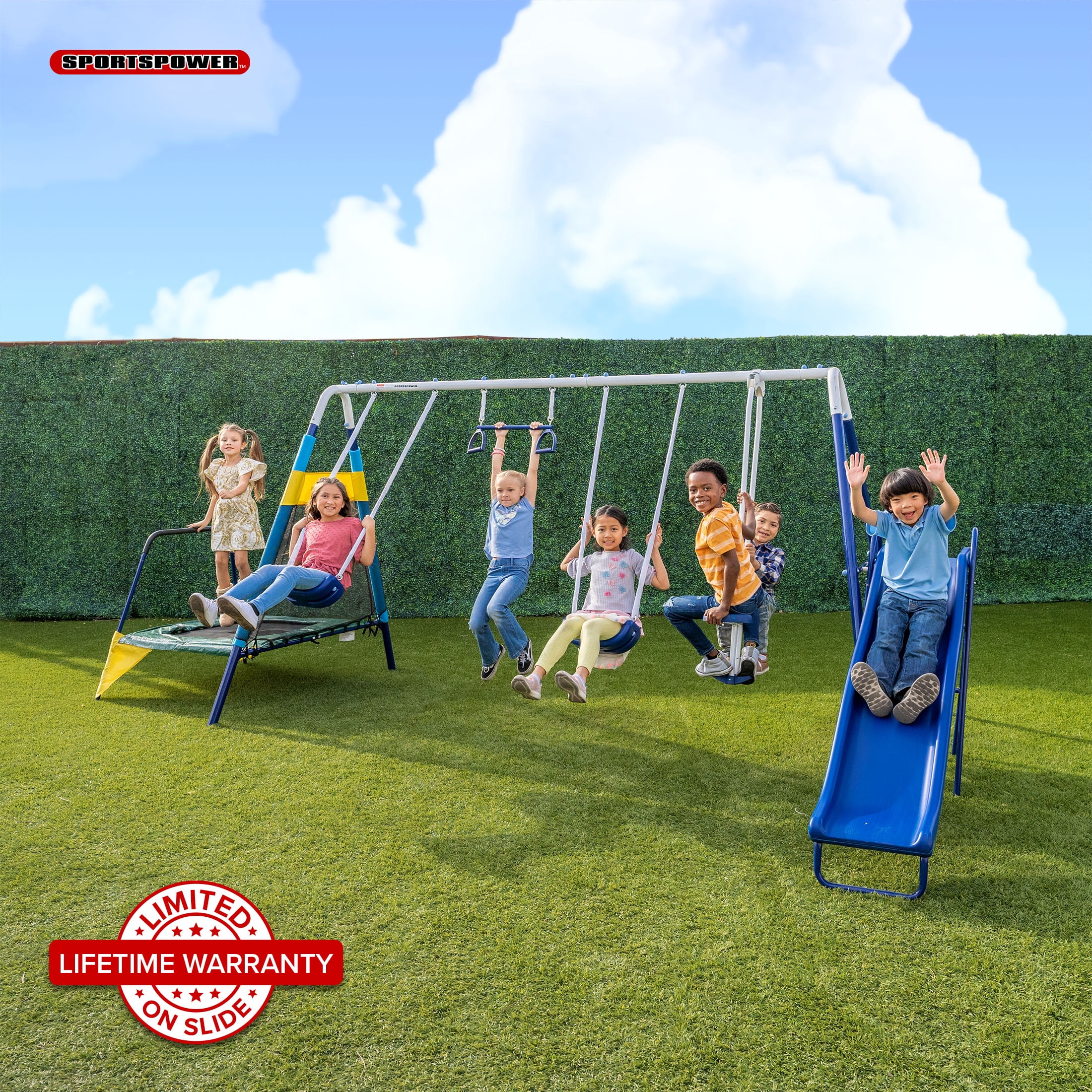 Sportspower Jump & Swing Metal Swing Set with Trampoline, 2 Swings, Trapeze, 2-Person Glider, and 6' Double Wall Slide with Lifetime Warranty