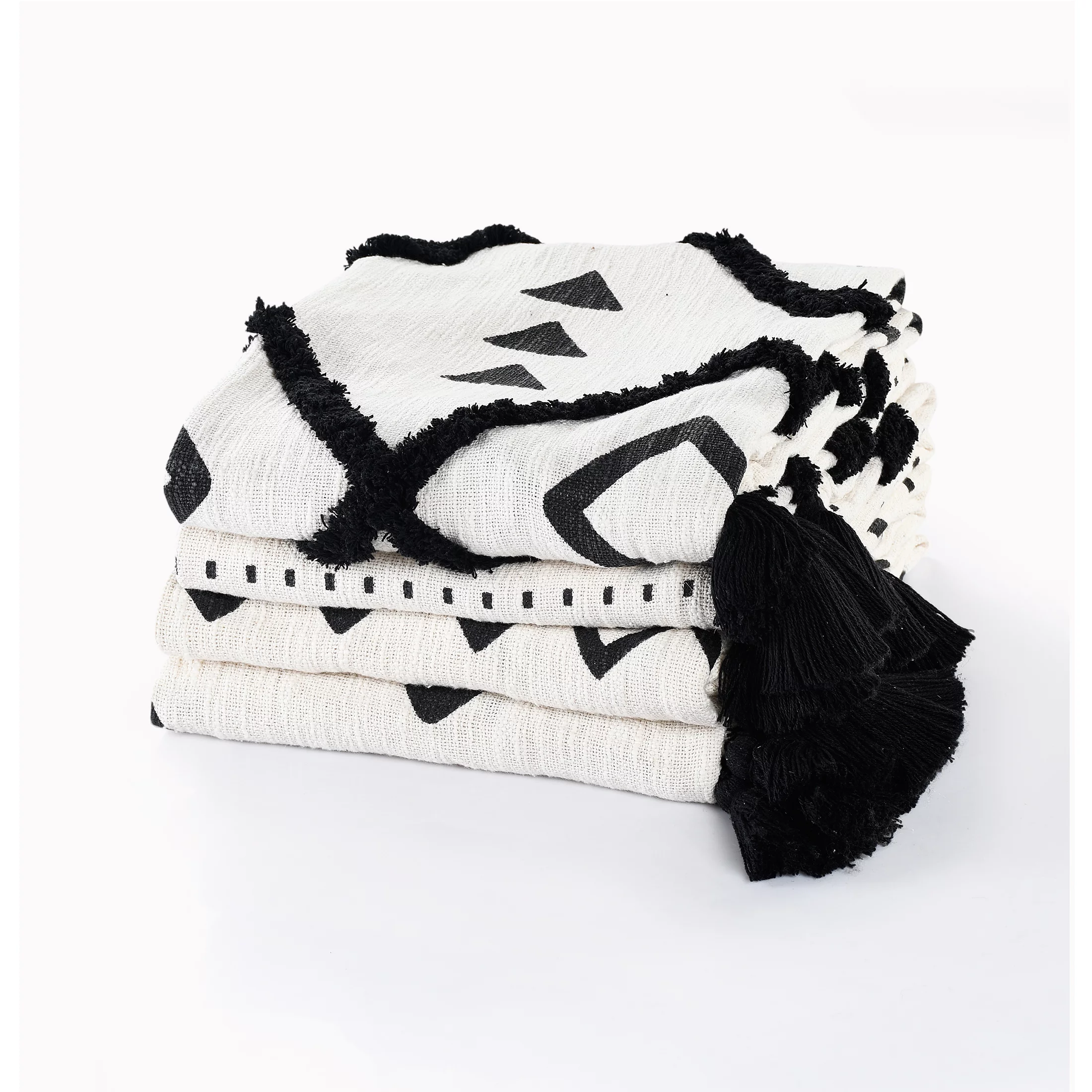 LR Home Tufted Double Diamond Cotton Throw Blanket, Black / White, 50