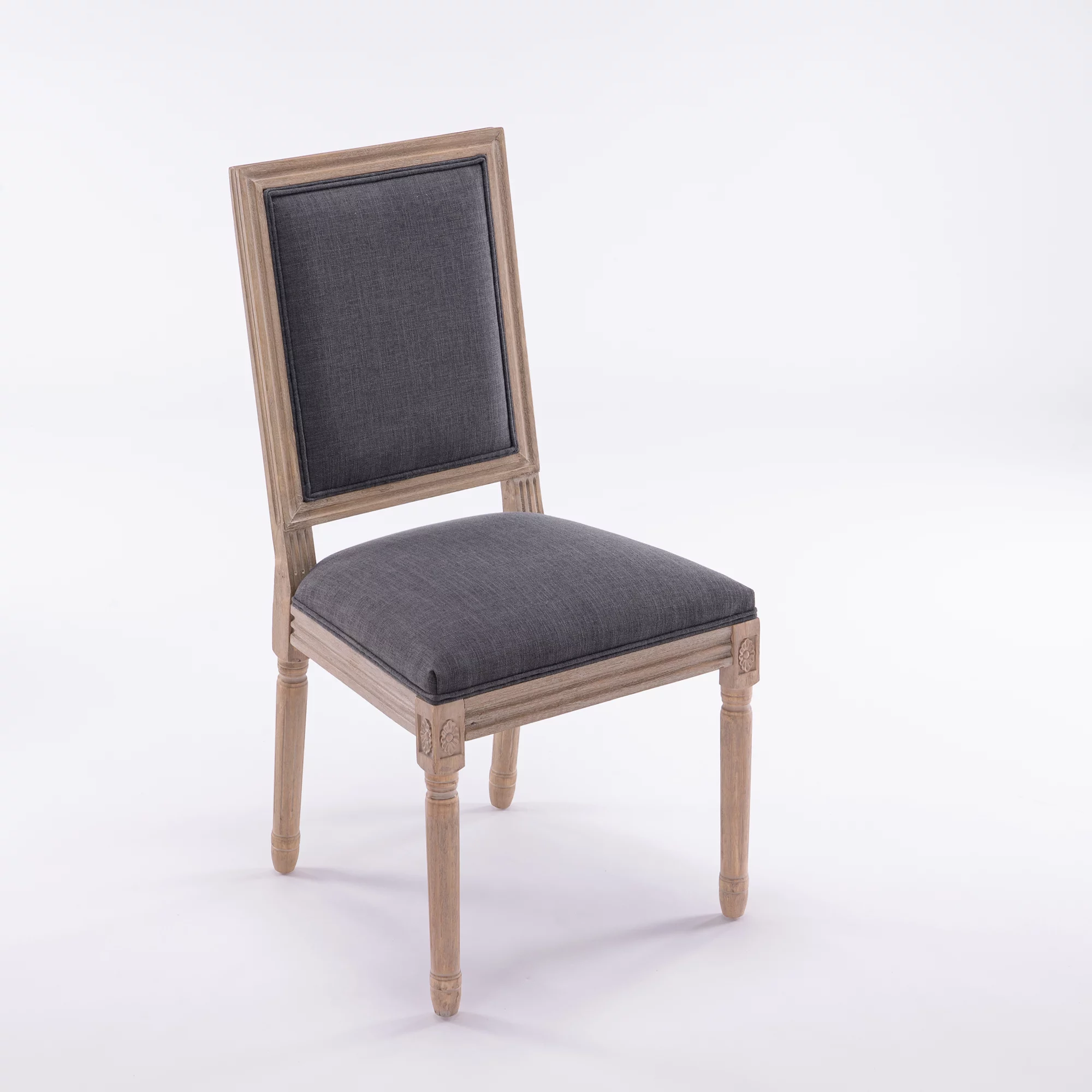French Style Solid Wood Frame Antique Painting Linen Fabric Square Back Dining Chair,Set of 2,grey