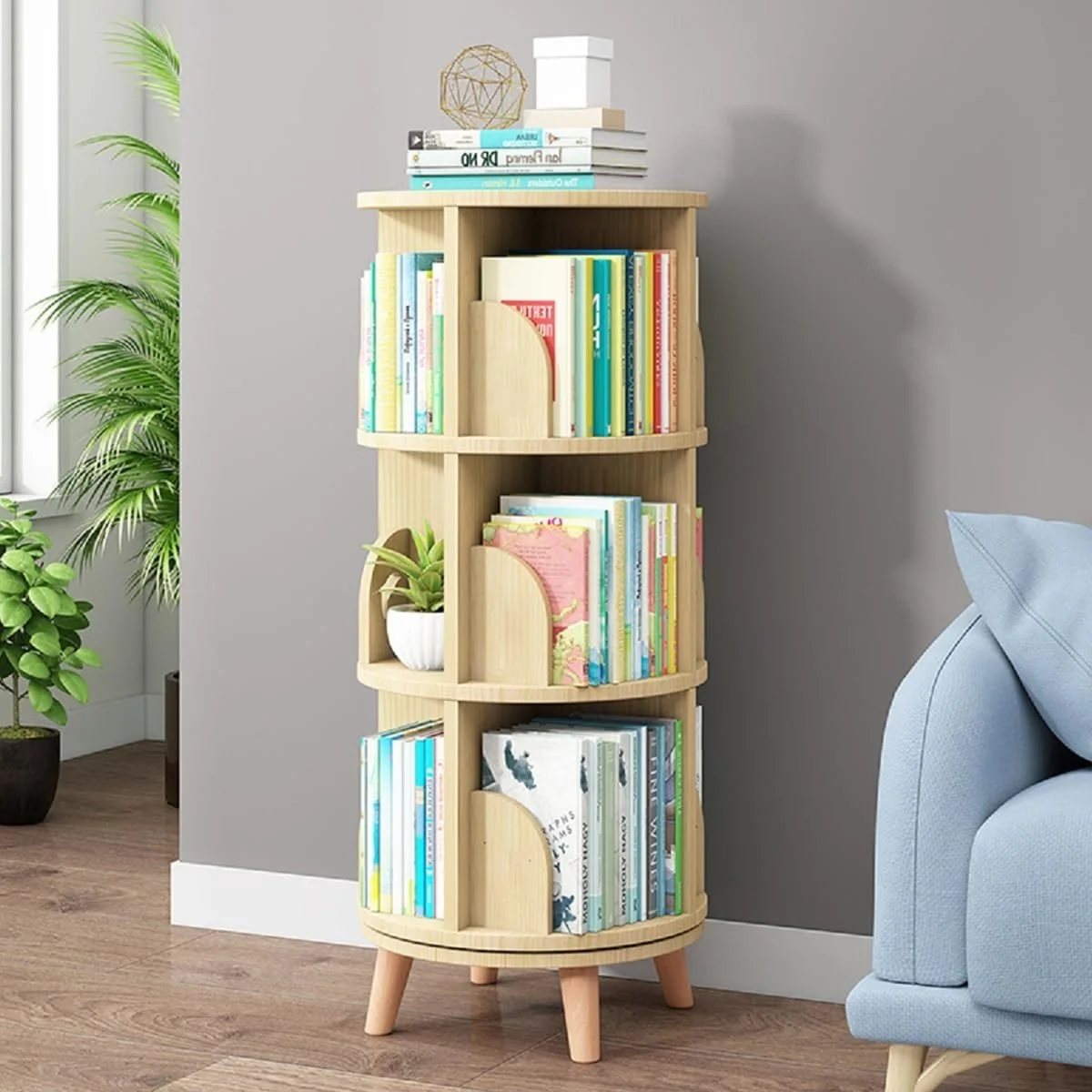 U-ToBe 3 Tier Wooden Rotating Bookshelf with 4 Legs, Stackable Bookshelf Storage Bookcase 360 Display Book Shelves Easy Assemble for Bedroom Study Room
