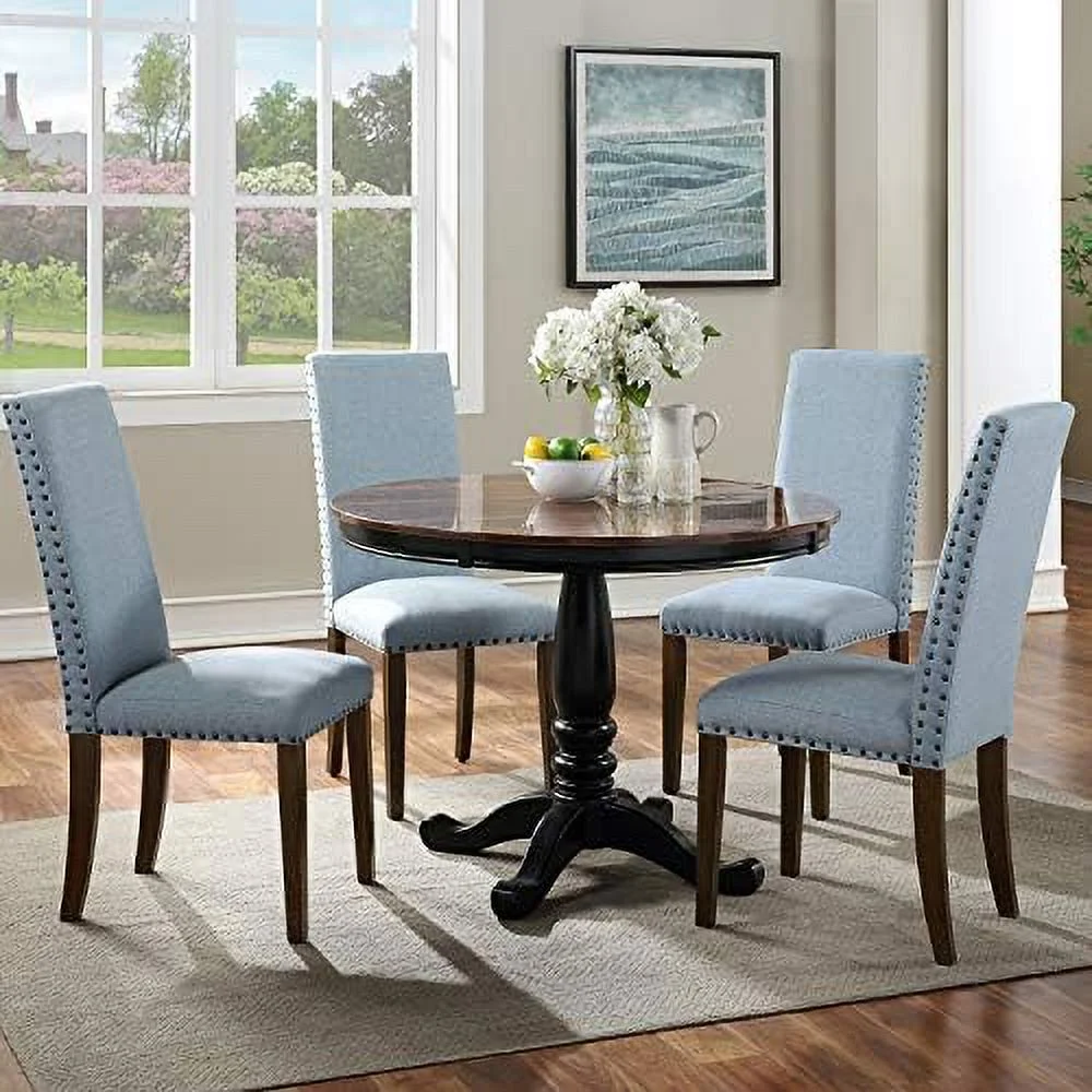 TJUNBOLIFE Dining Chairs   Dining Room Chairs  Fabric Padded Upholstered Side Chair with Solid Wood Legs & Nailed Trim (Blue+Brown  )