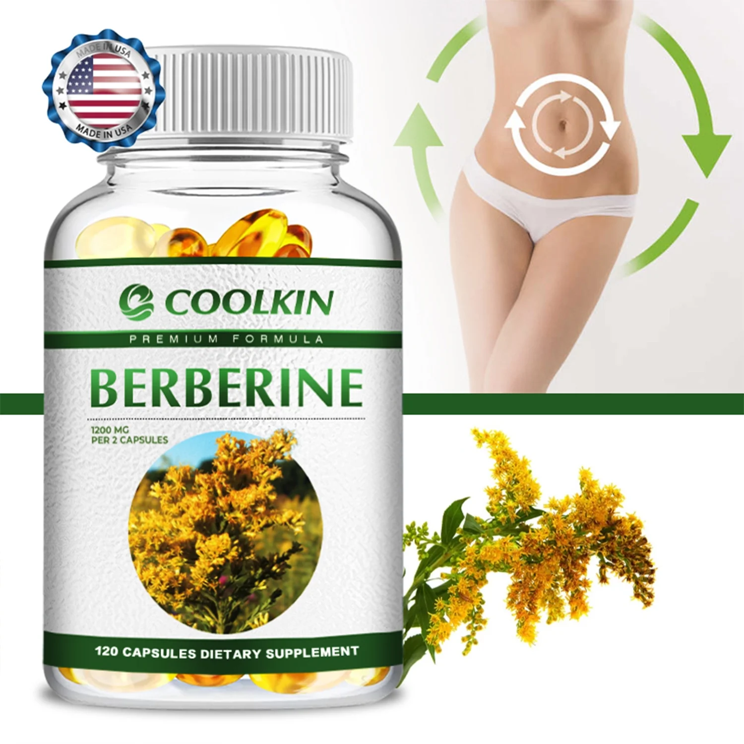 Coolkin Berberine 1200mg -Heart Health, Blood Sugar Balance and Control -Berberine HCI(30/60/120pcs)