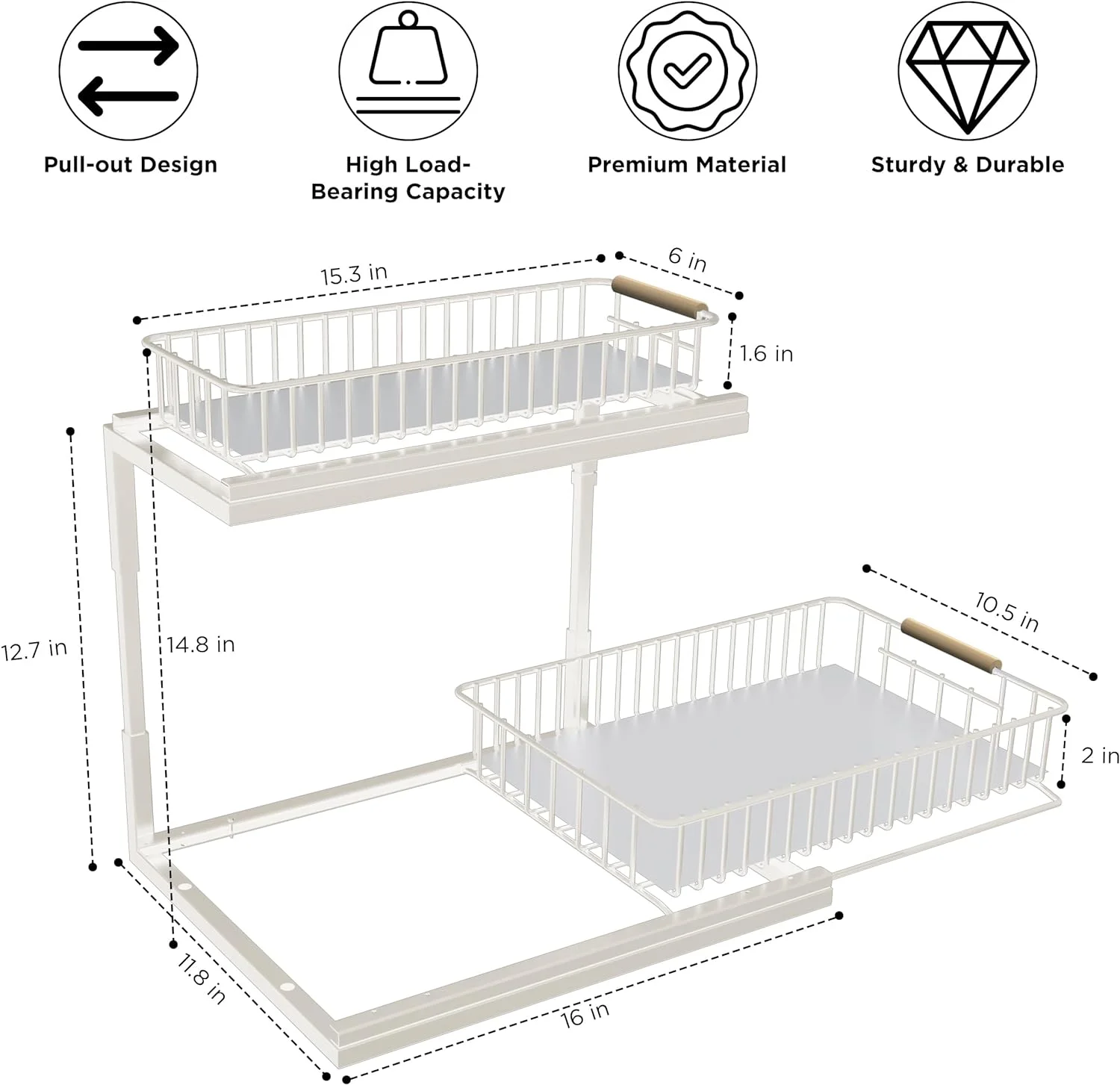 HBlife Under Sink Organizer, Pull-Out Cabinet Organizer 2 Tier Slide Out Sink Cabinet Storage Shelves, Under Sink Cabinet Organizer Storage for Kitchen Bathroom, White, 2 Pack