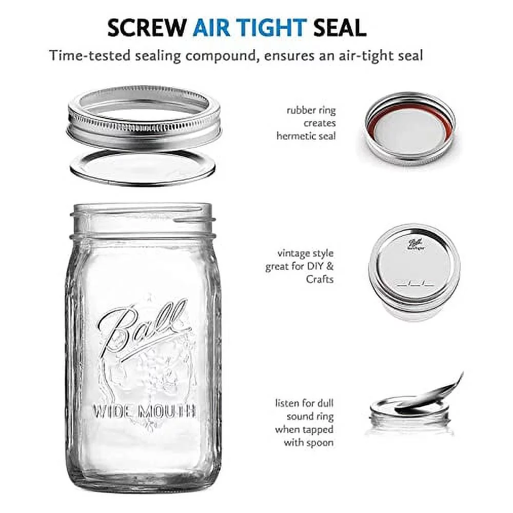 Ball WIDE MOUTH Quart (32 oz.) Glass Food Preserving Pickling Canning Mason Jar with Lid and Band, Clear, 6-Count
