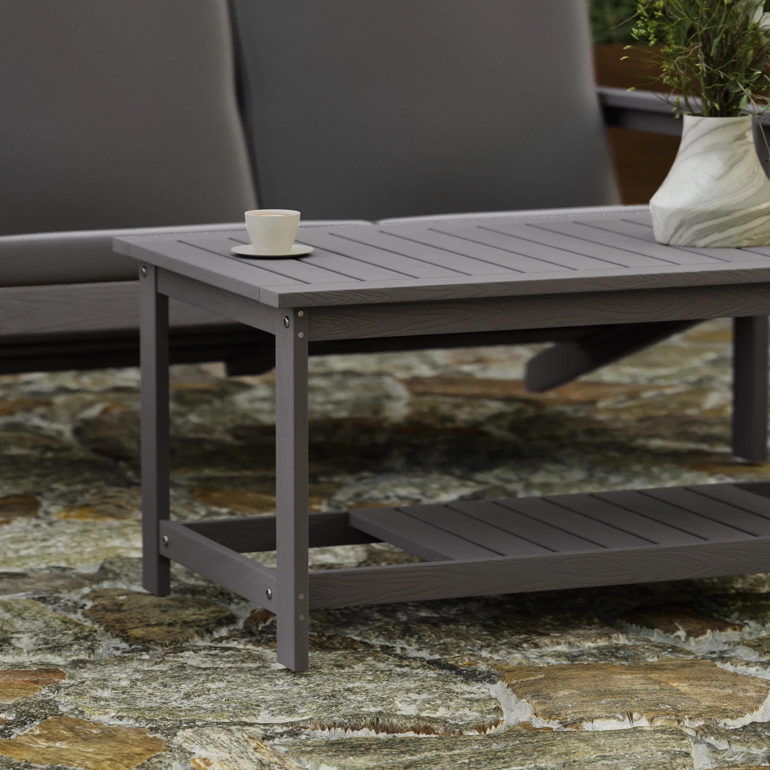 Merrick Lane All-Weather Poly Resin Wood Two Tiered Adirondack Slatted Coffee Conversation Table in Gray