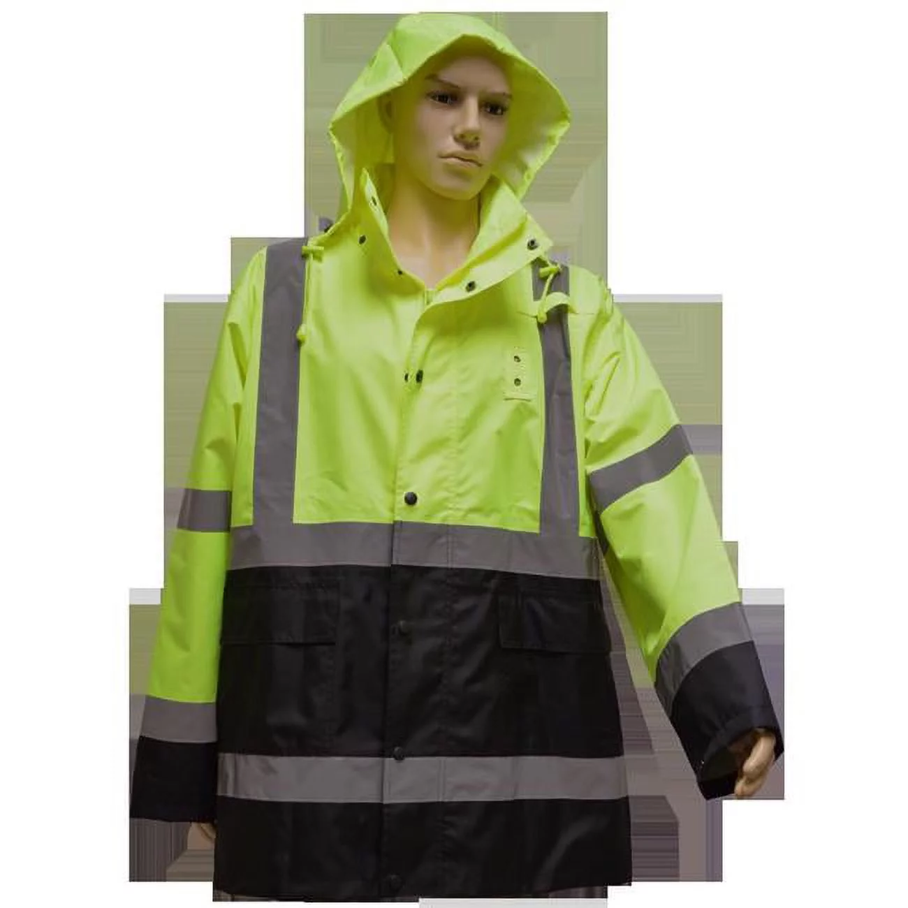 Rain Parka Jacket ANSI-ISEA Class 3 Waterproof, Two Tone Lime & Black with Detachable Hood Storm Flap & Zipper & Snap Closure No Lining, Large