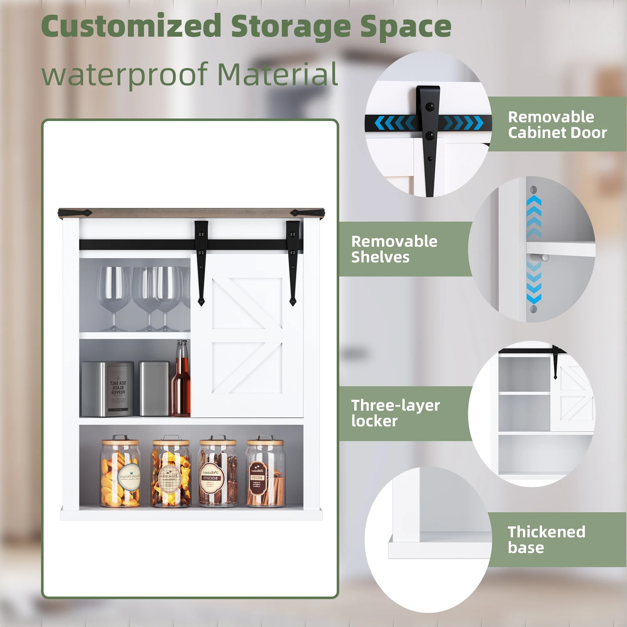 Tropow Bathroom Floor Cabinets, Farmhouse Lockers, With Barn Doors And Open Storage Racks, Small Lockers For Bathroom, Kitchen, Living Room, Rustic Oak With Antique White