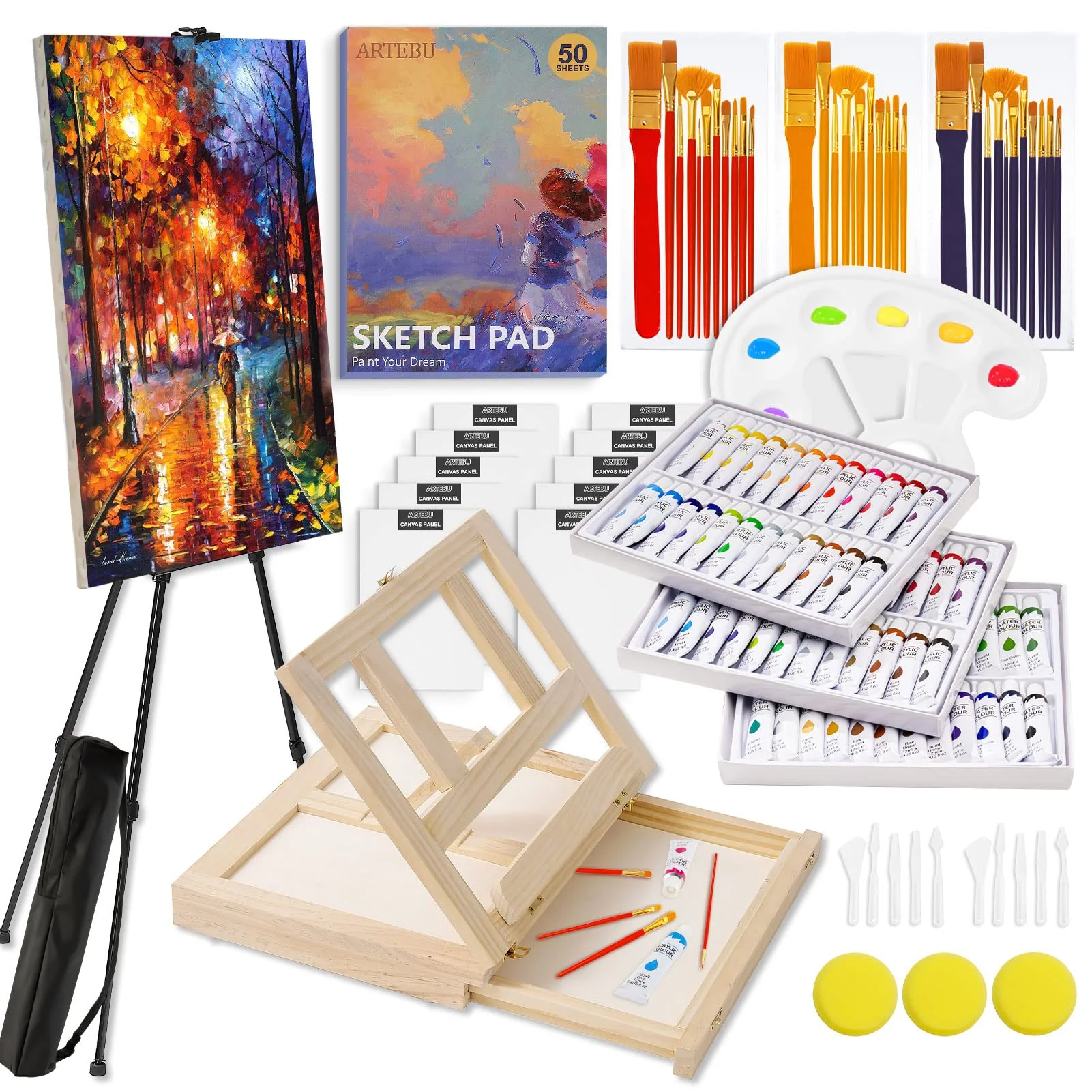 Premium Artistic Masterpiece Set - Complete with Sturdy Aluminum and Sustainable Beech Wood Easel, 48 Vibrant Acrylic Colors, 24 Exquisite Watercolor Shades, 10 High-Quality Canvases, 30 Versatile Bru