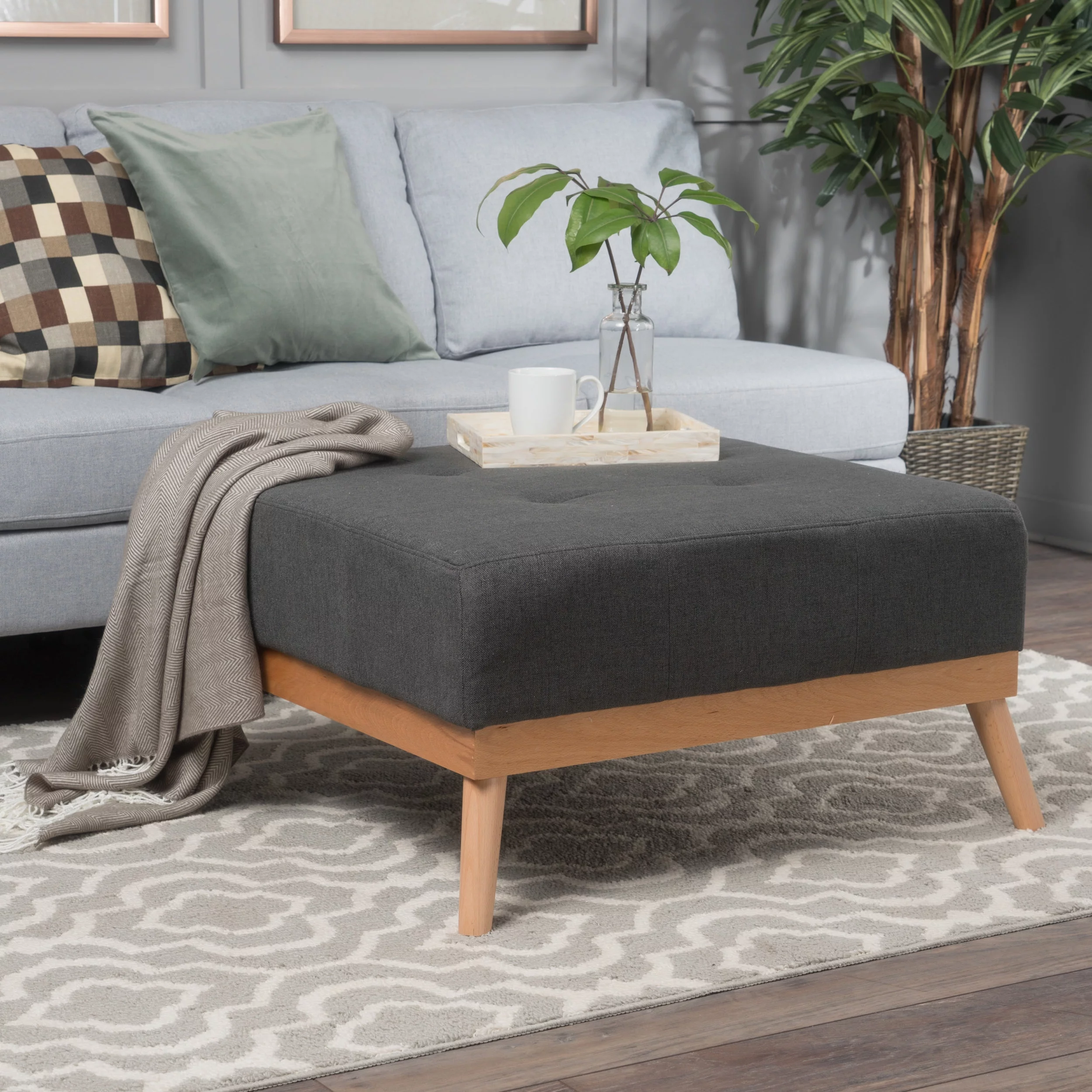 LEYCAY Large Square Ottoman Coffee Table, Upholstered Button Tufted Ottoman with Solid Wood