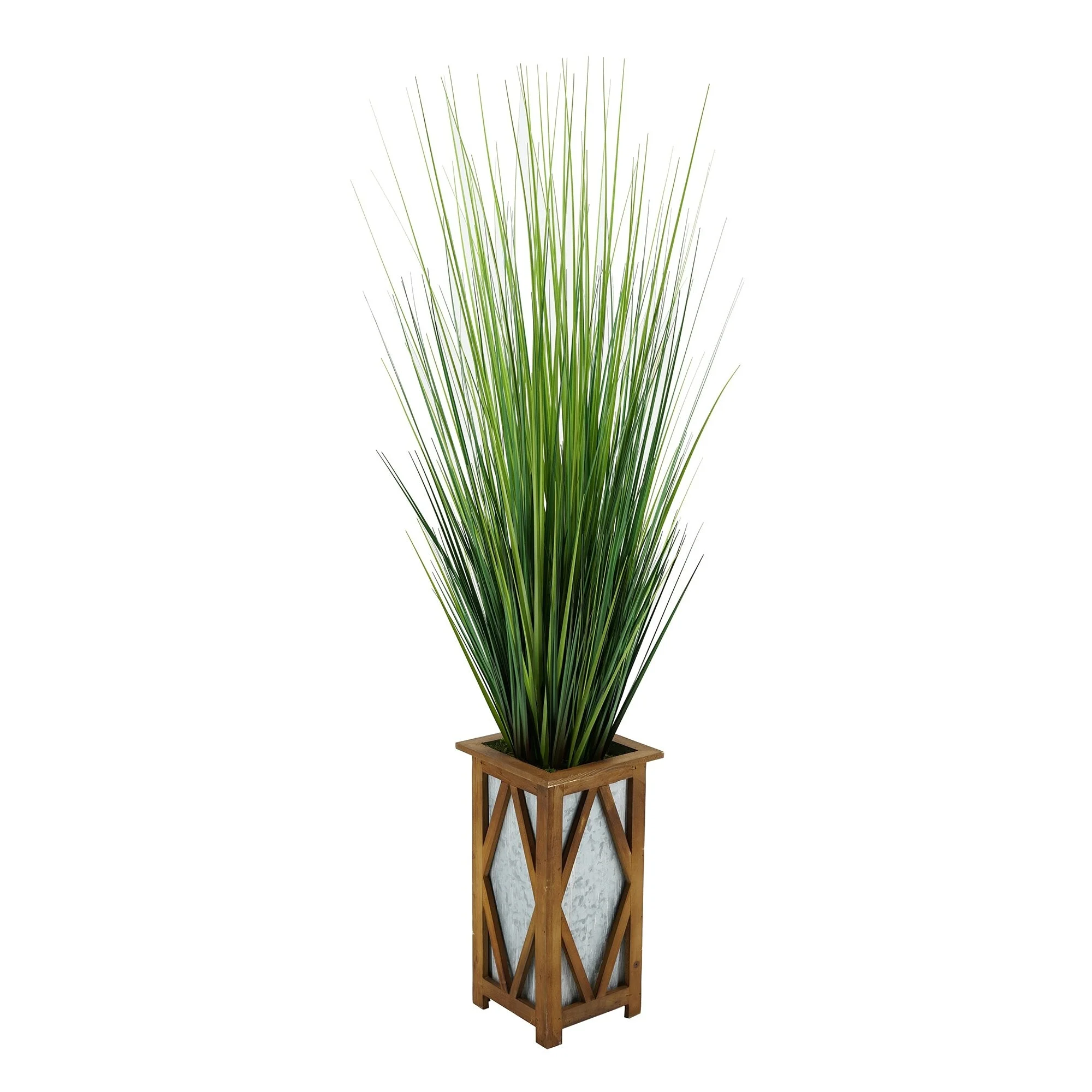 Faux PVC Grass in Tall Wood/ Metal Planter Black Diamond