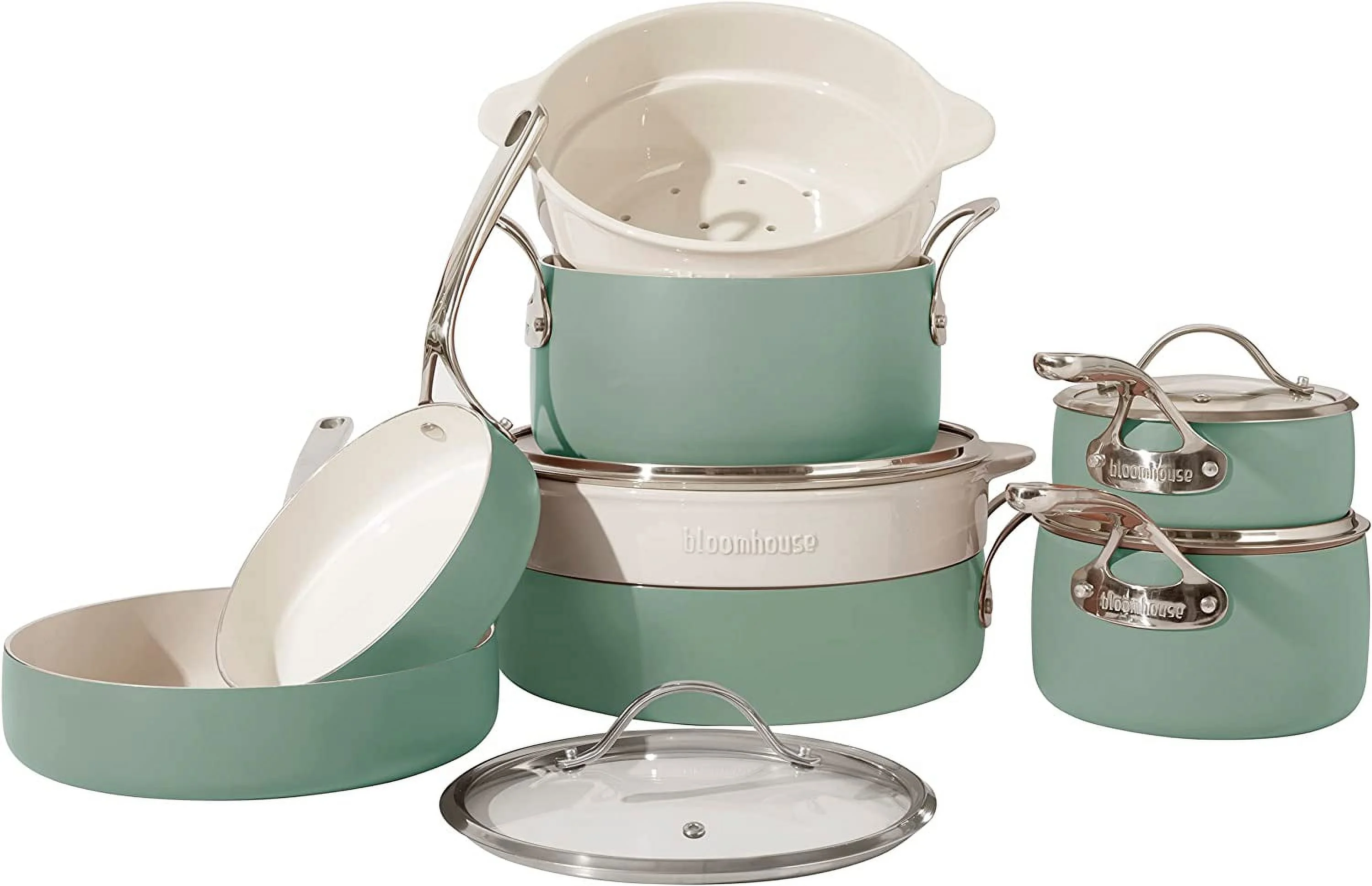 durable - Oprah's Favorite Things - 12 Piece Aluminum Enamel Cookware Set w/ Non-stick Non-toxic Ceramic Interior  Ceramic Steamer Insert  & 12 Protective Care Bags - Agave Blue