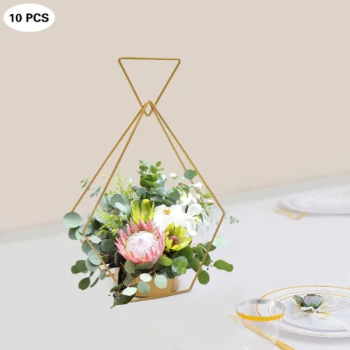 10 PCS Gold Diamond Shape Metal Flower Vases Tabletop Wedding Centerpieces Stand