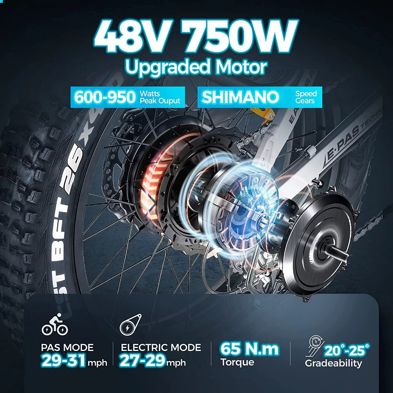 Eahora XT10 26in 750W Electric Bike up to 31MPH 48V 15Ah Adults 9 Speeds 4.0 Fat Tire Bicycle Black