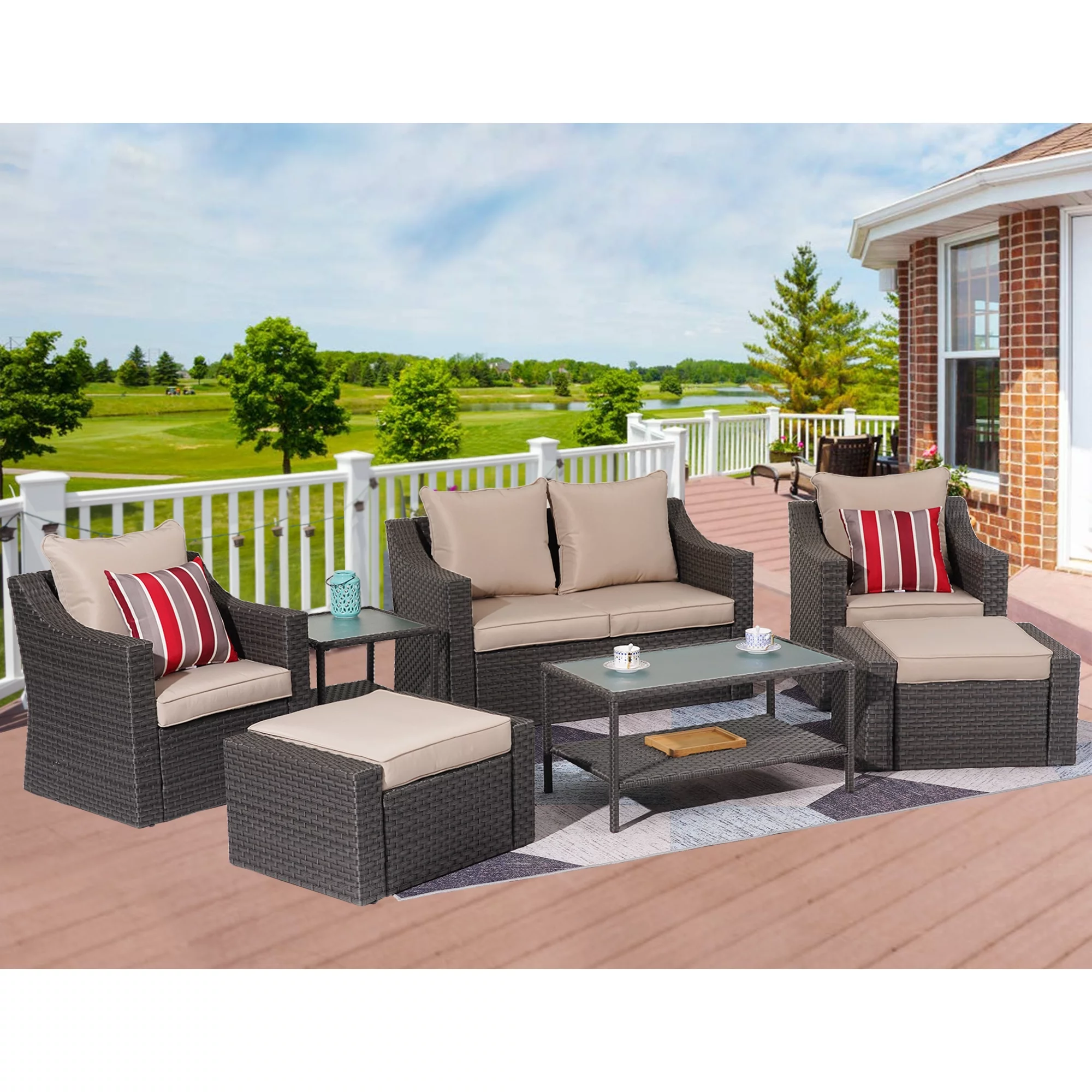 Superjoe 7 Pcs Outdoor Patio Furniture Sets All-Weather PE Rattan Wicker Sectional Sofa with Coffee Table, Brown