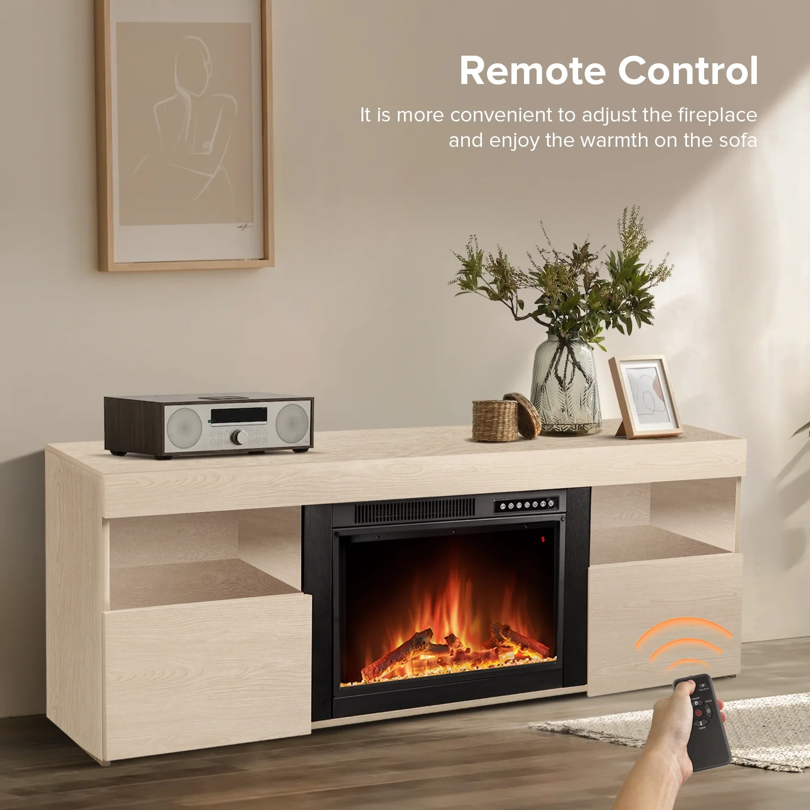 LHRIVER Free Standing Fireplace, Remote Control, 60'', Electric Fireplace Mantel, Adjustable Real 3D Flame Brightness （LIGHTOAK）