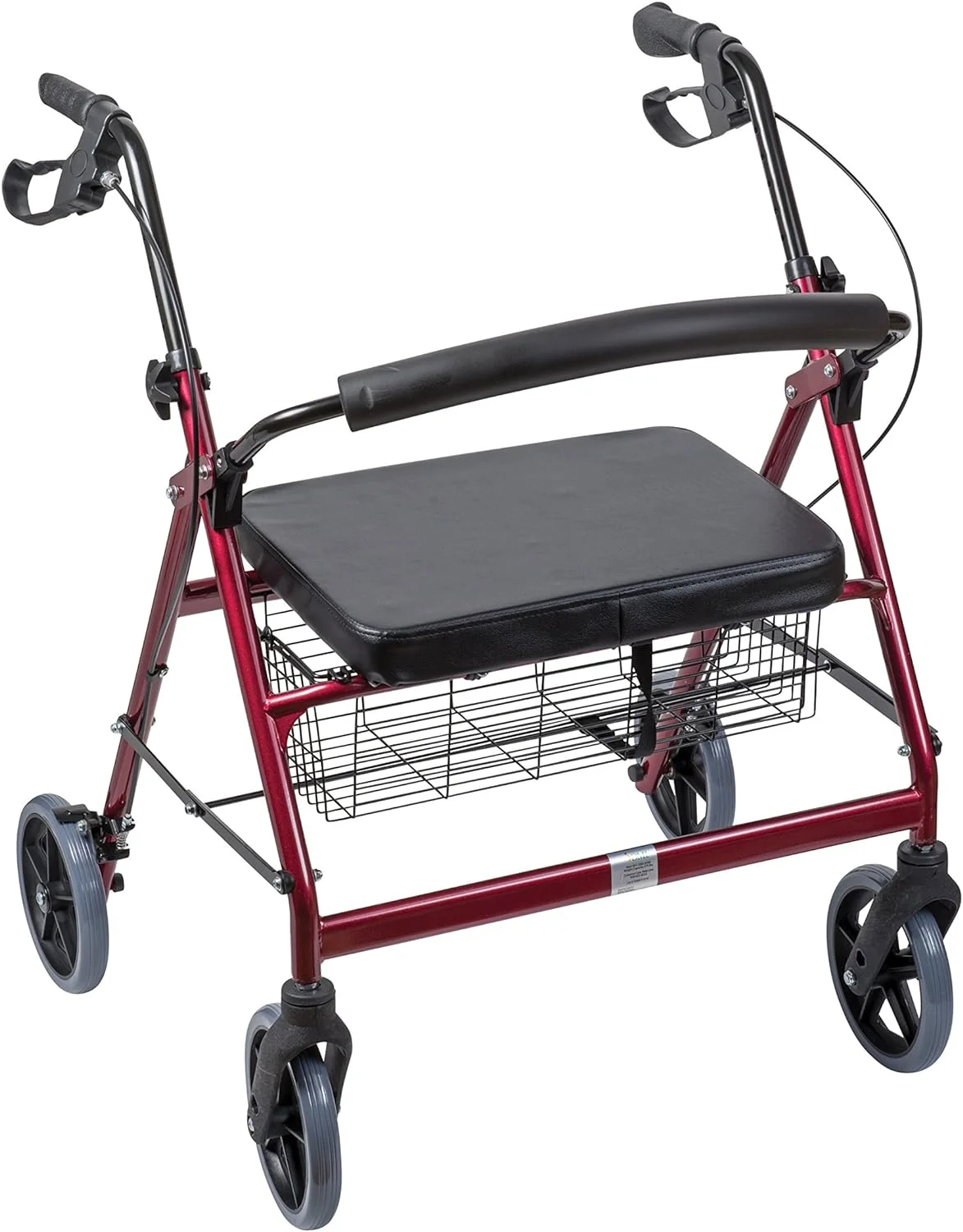 DMI Extra-Wide Heavy Duty Steel Bariatric Mobility Rollator Walker with Seat and Basket, Burgundy, Folding