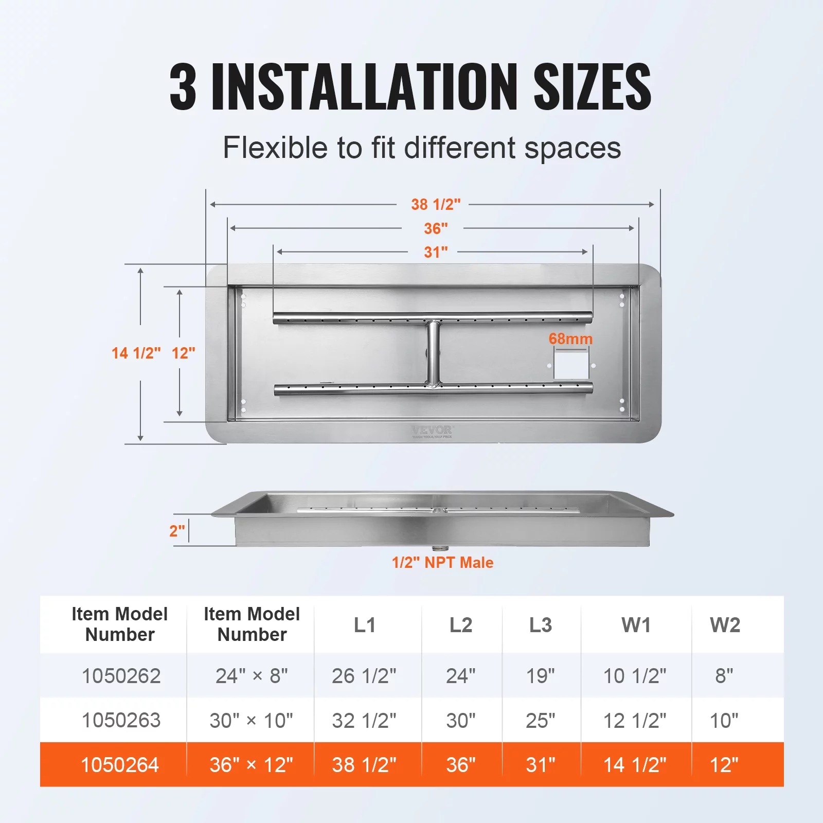 BENTISM 36x12 inch Drop-in Fire Pit Pan Fire Pit H-shape Burner Kit 150,000 BTU