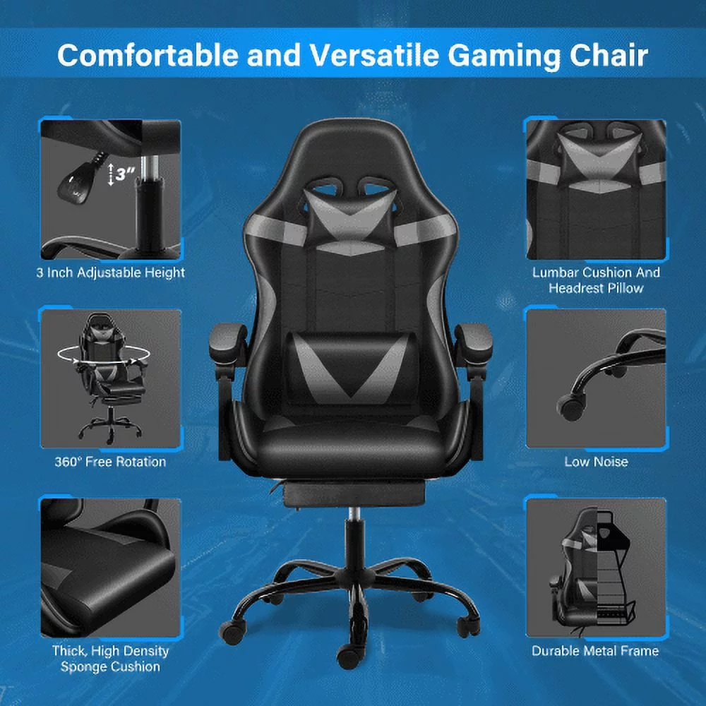 Racing Video Backrest and Seat Height Recliner Gaming Office High Back Computer Ergonomic Adjustable Swivel Chair, With footrest, Black/Grey
