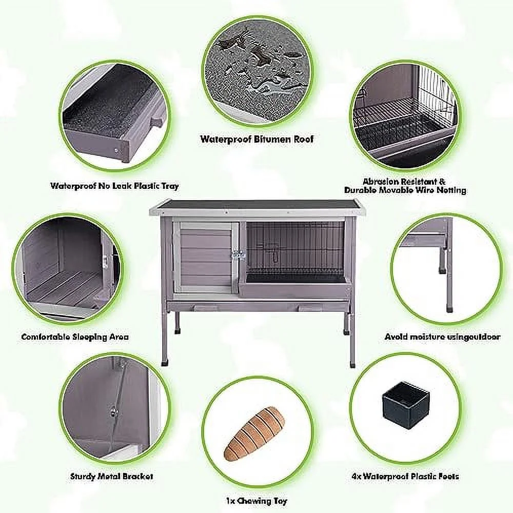 Rabbit Hutch, Wooden Bunny Cages Indoor with Deeper Leakproof Tray - Upgrade with Metal Wire Pan (Grey, Rabbit Hutch #001-B) Large