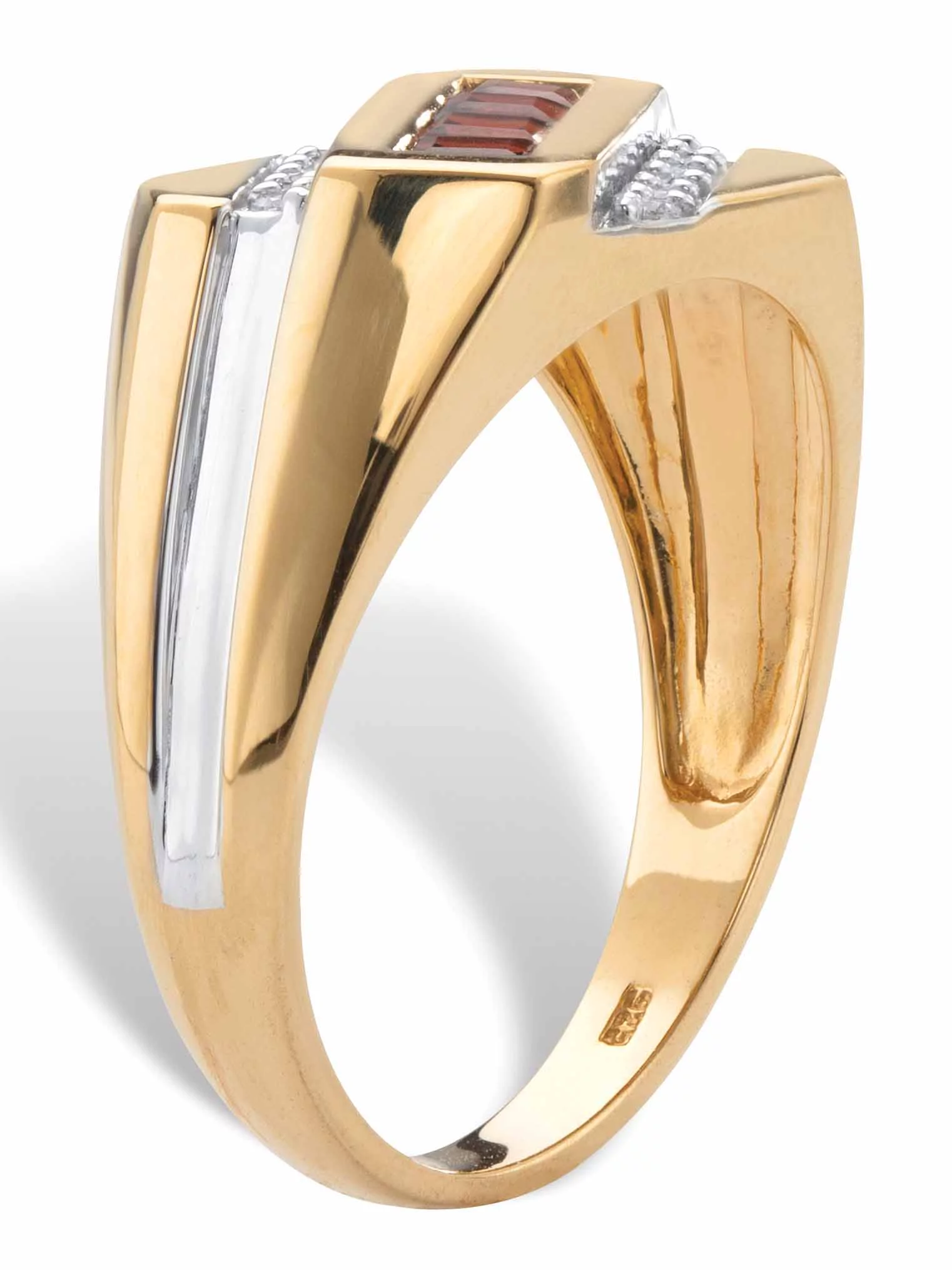 PalmBeach Jewelry Square-Cut Genuine Red Garnet and Diamond Diagonal Men's Ring .96 TCW in 18k Yellow Gold-plated Sterling Silver