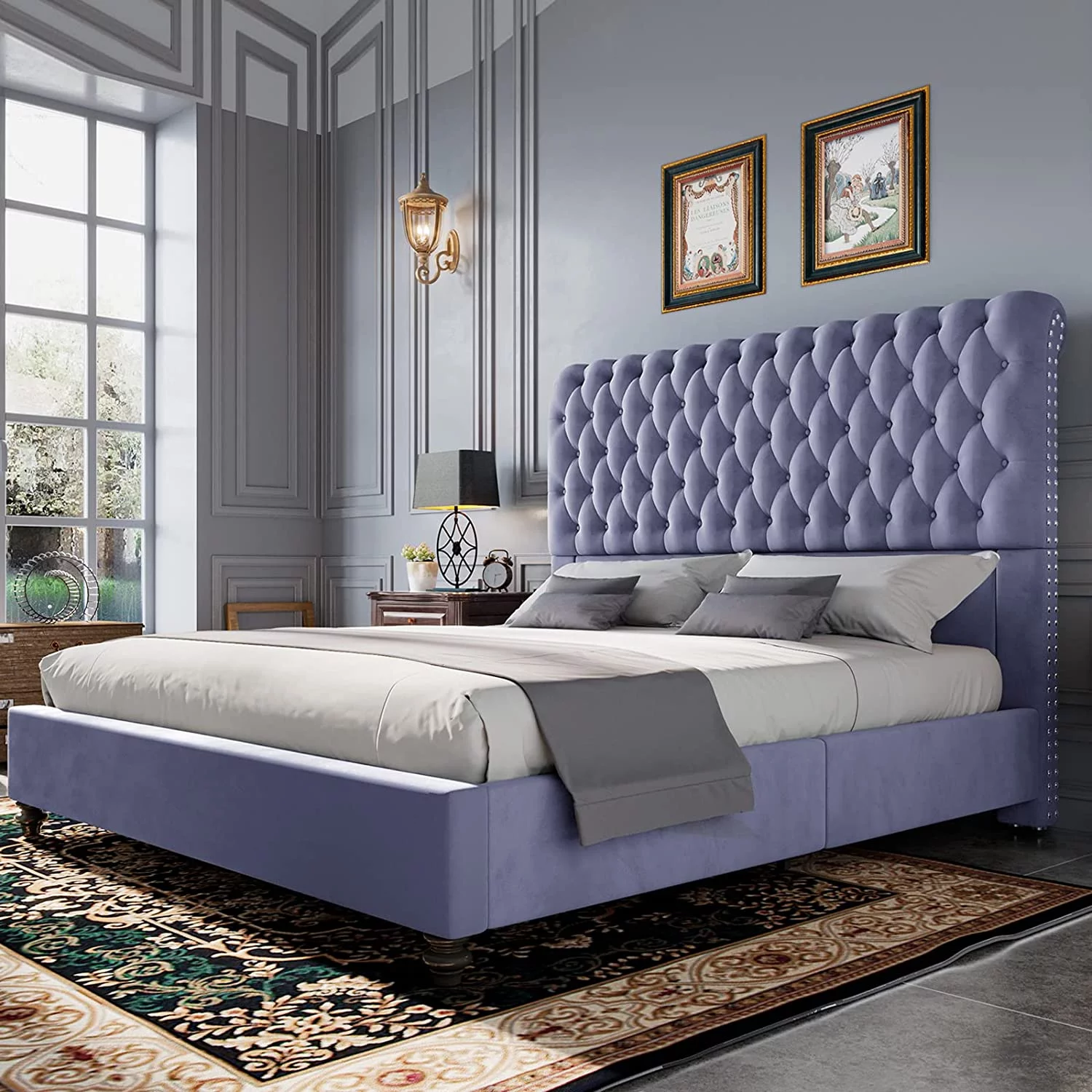 Jocisland Queen Bed Frame, Velvet Upholstered Platform Bed with Button Tufted 52.8