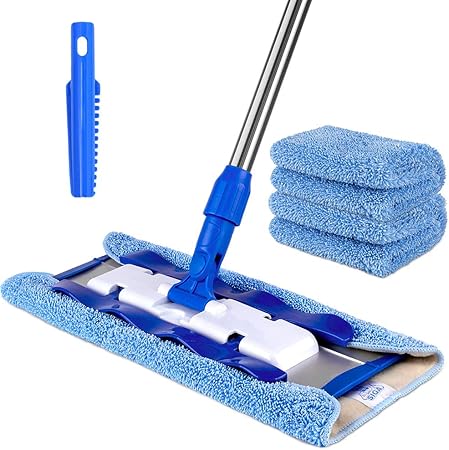 MR.SIGA Professional Microfiber Mop for Hardwood, Laminate, Tile Floor Cleaning, Stainless Steel Telescopic Handle - 3 Reusable Flat Mop Refills and 1 Dirt Removal Scrubber Included