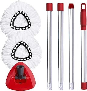 Spin Mop Head, Base, Handle Replacement for O-Ceda EasyWring Microfiber Spin Mop, 2 Microfiber Mop Refills, 1 Triangle Mop Head Cover and 30-58in Mop Handle Set Combo (White(1 Tank System))
