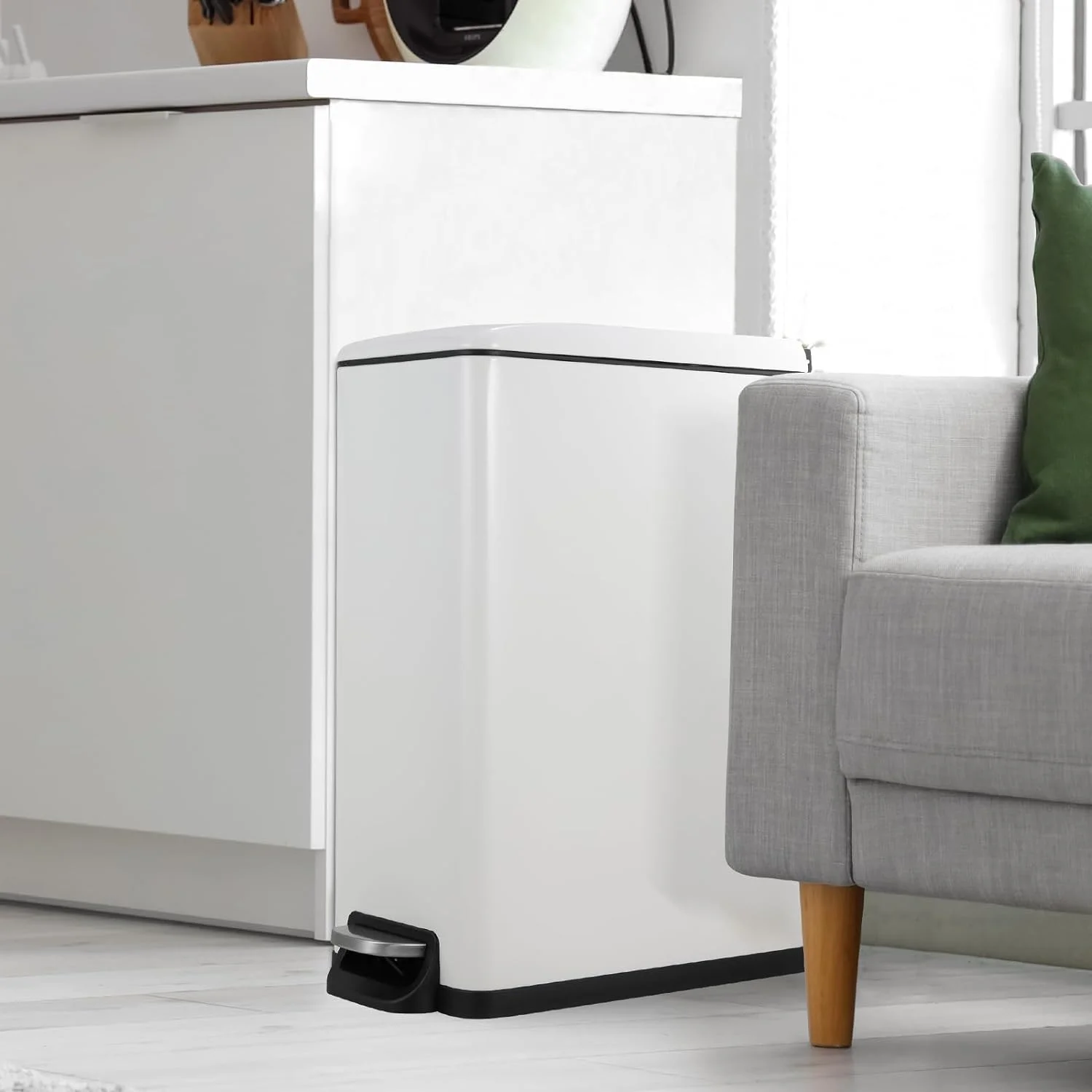 LAZY BUDDY Slim Trash Can, 13 Gallon Step Trash Bin with Lid 50 L Stainless Steel Garbage Can White Wastebin for Kitchen Bathroom