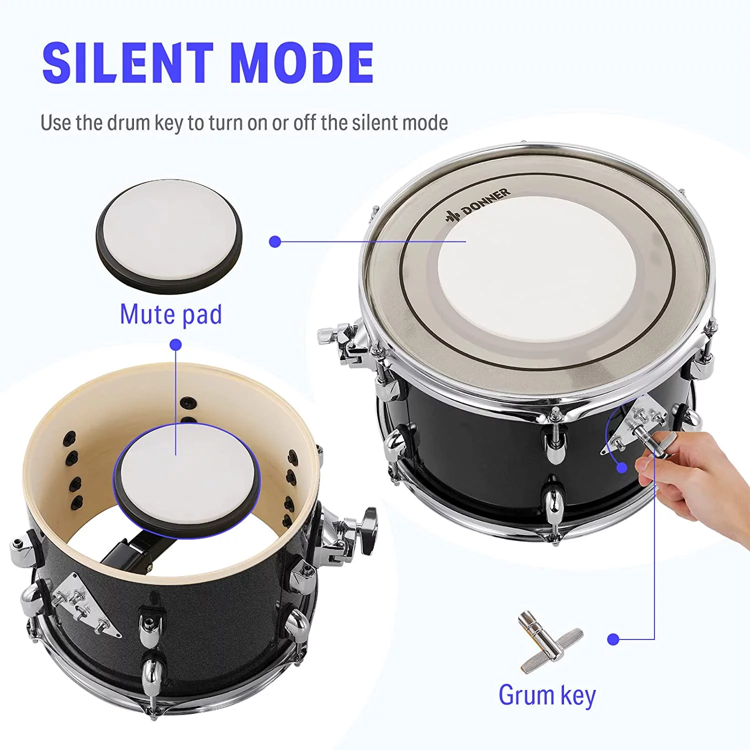 Donner Drum Set Adult with Silent System, 5-Piece Full Size Professional Drum Kit Black