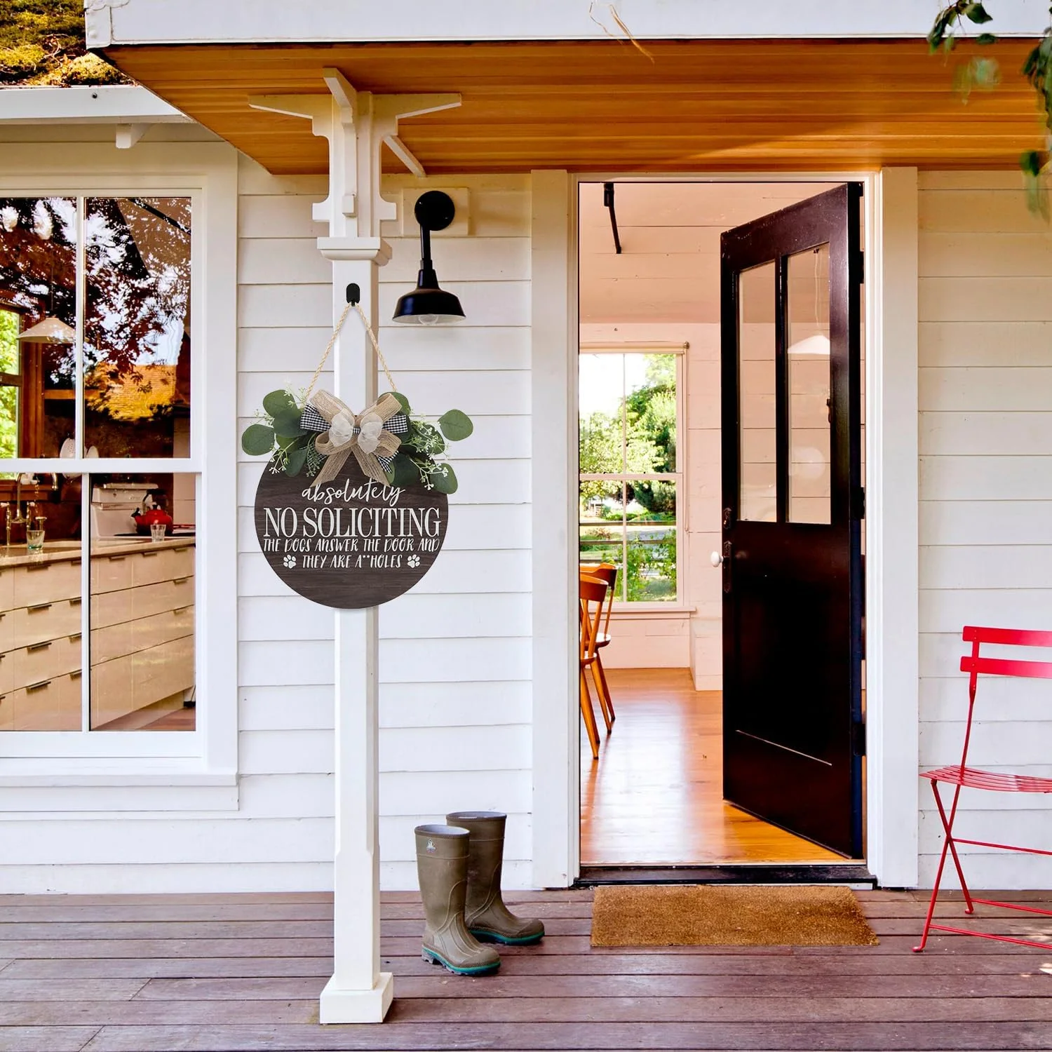 IARTTOP No Soliciting Sign for Home Decor Farmhouse Soliciting Porch Sign for Door Wall Decoration with Round Hanging Burly Wood Sign for House Outdoor Indoor Living Room Decoration